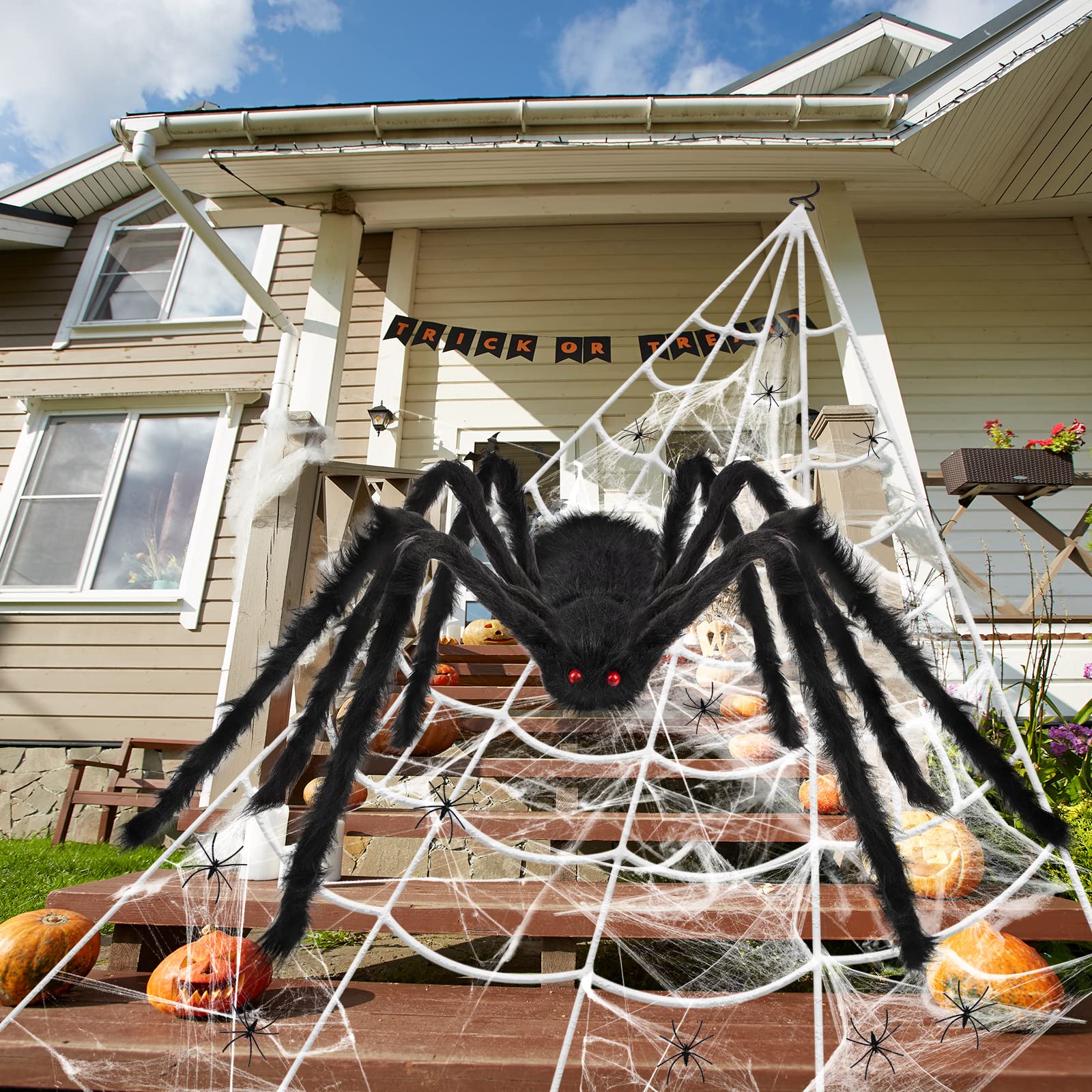 Halloween Spider Web Halloween Decorations Outdoor, BIBUTY 5 Ft Giant Hairy Spider with 16.4 Ft Triangle Spider Web, 50g Stretchy Cobweb 100 Fake Mini Spiders, Super Realistic with Great Visual Impact