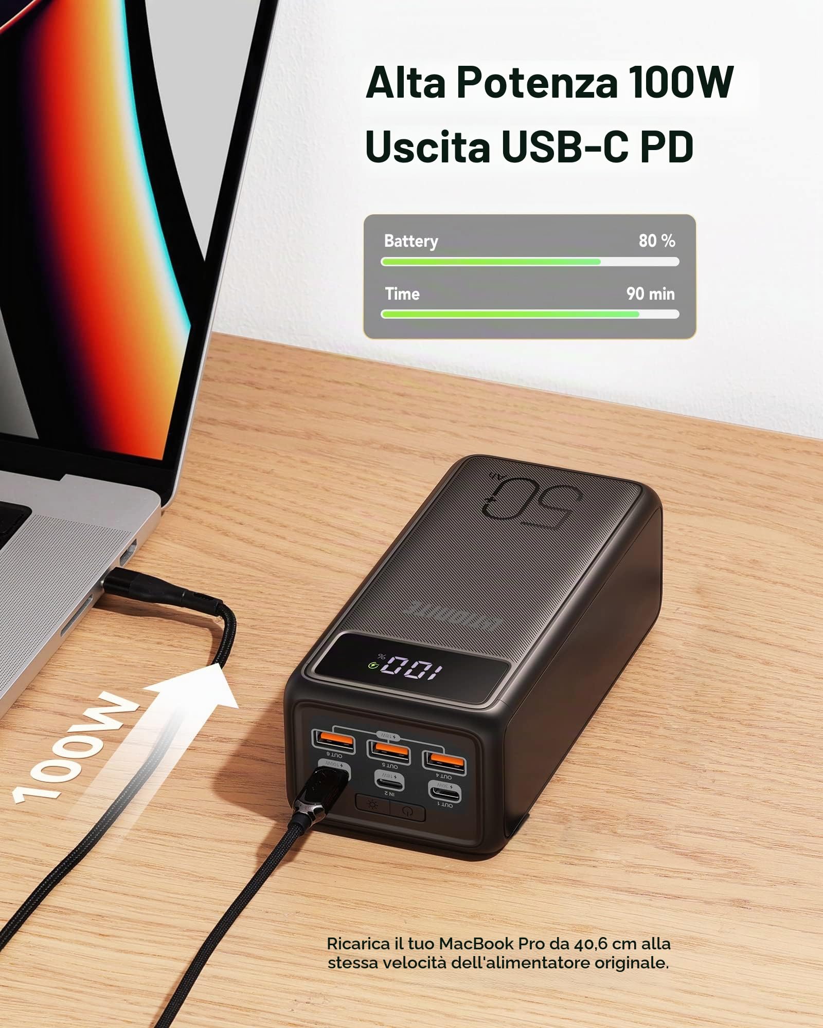 LITIONITE Raiden 130W / 56.000mAh Power Bank USB-C PD 3.0 100W per Notebook e MacBook - Batteria esterna con display per PC portatile, MateBook, Surface, Spectre, Smartphone, Tablet, Nintebdo Switch