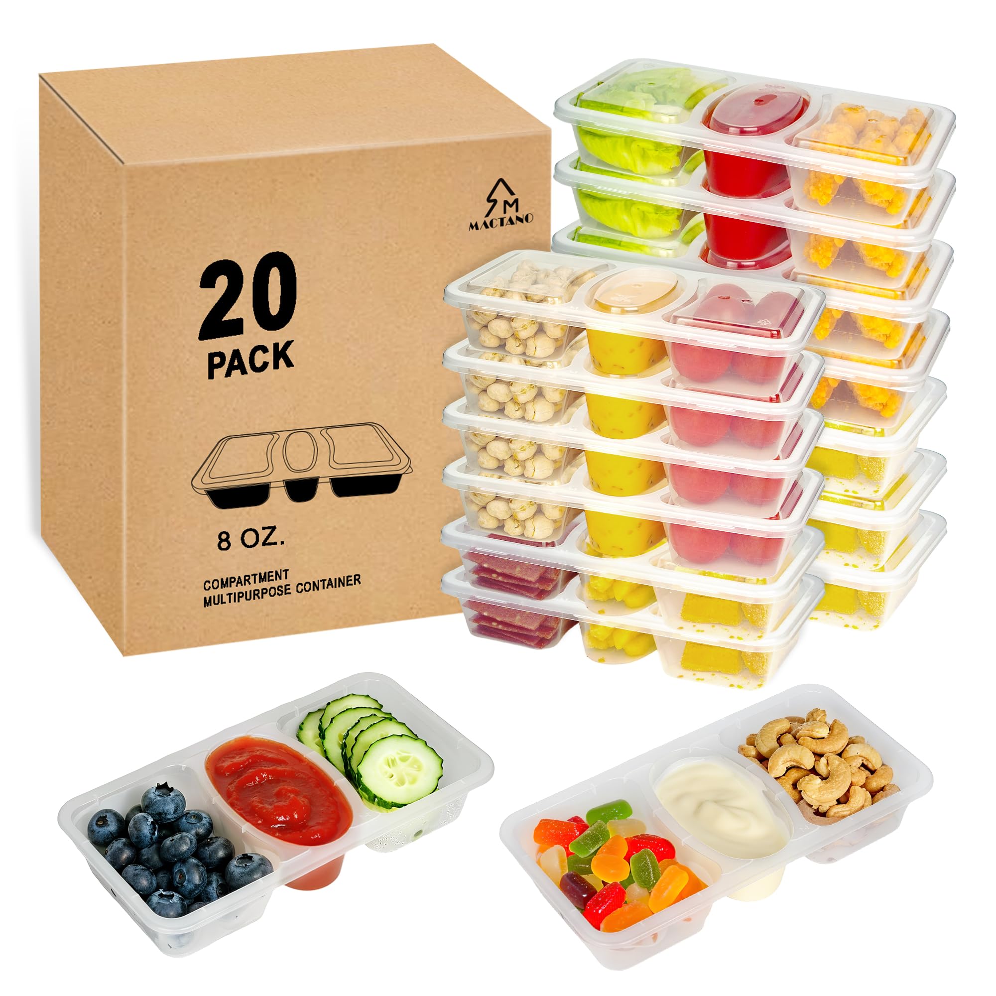 Photo 1 of MACTANO 8 OZ 3 Compartment Snack Containers with Lids (20 Sets)