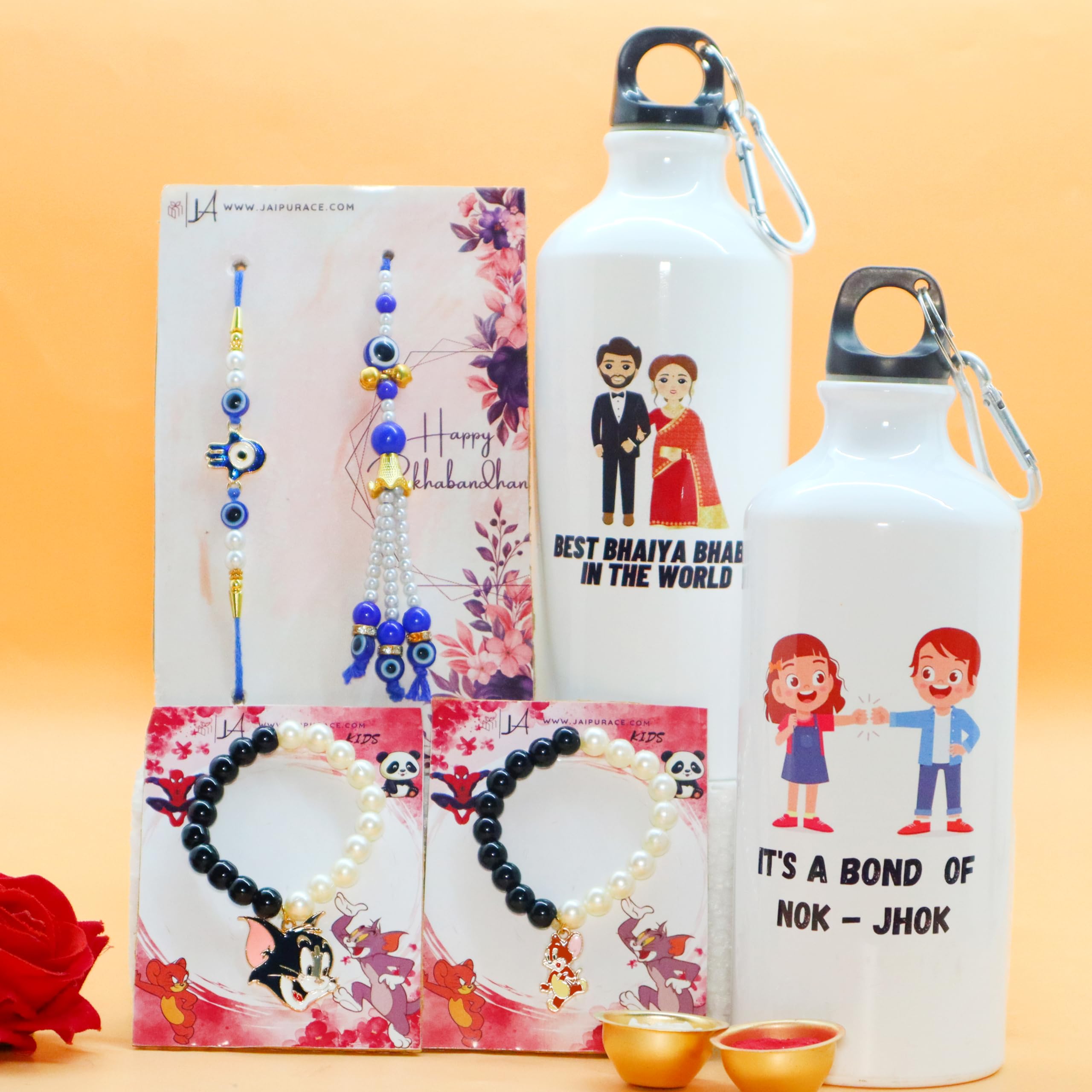 JAIPUR ACE Aluminum Rakhi Combo Set Of 1 Flower Rakhi 1 Printed Water Bottle & Greeting Card For Bro Brother Bhai Behan | Rakshabandhan Gifts For Bhai (Design 2, 700Ml, White) (B0B46QSP7T) Amazon Price History, Amazon Price Tracker