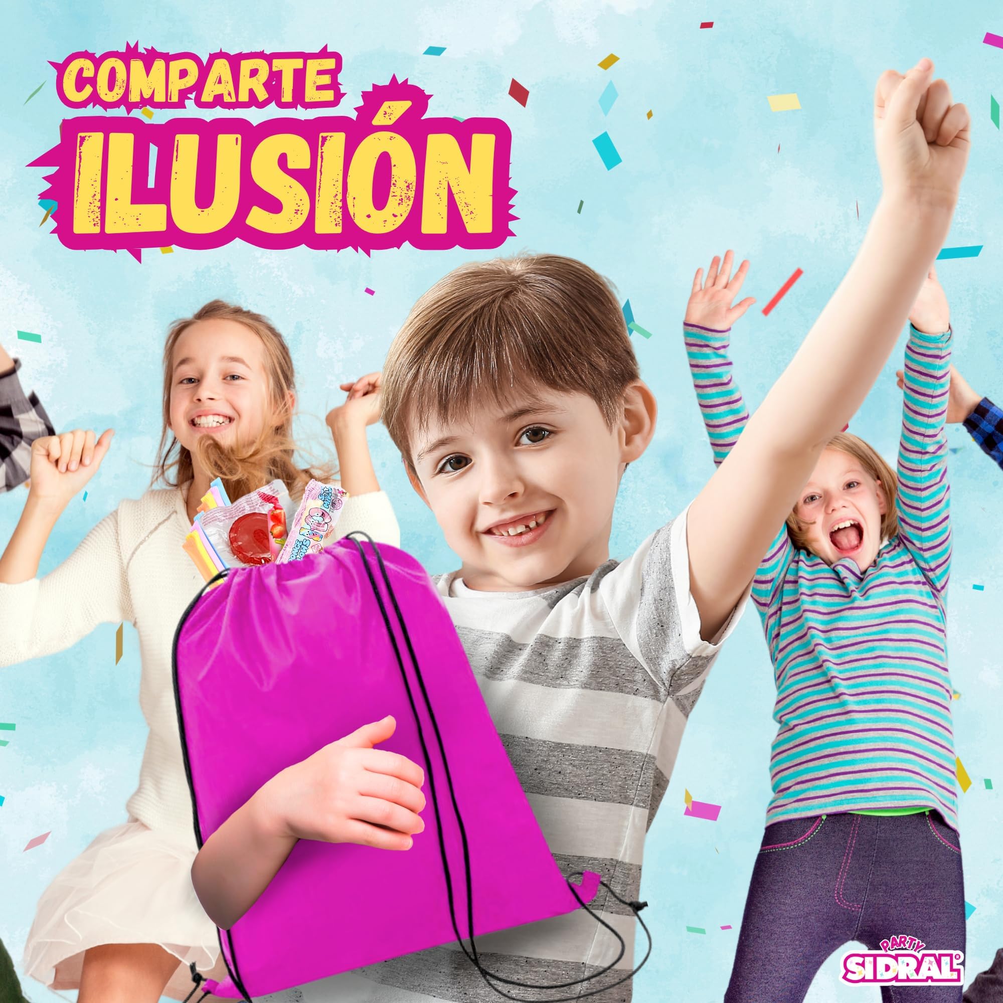 SIDRAL .275 chuches variadas+piñata+mochila para llevar chuches :Cañas y sobres Sidral, chocolate, gominolas, caramelos blandos rellenos gel de frutas - Perfectas para Regalar.