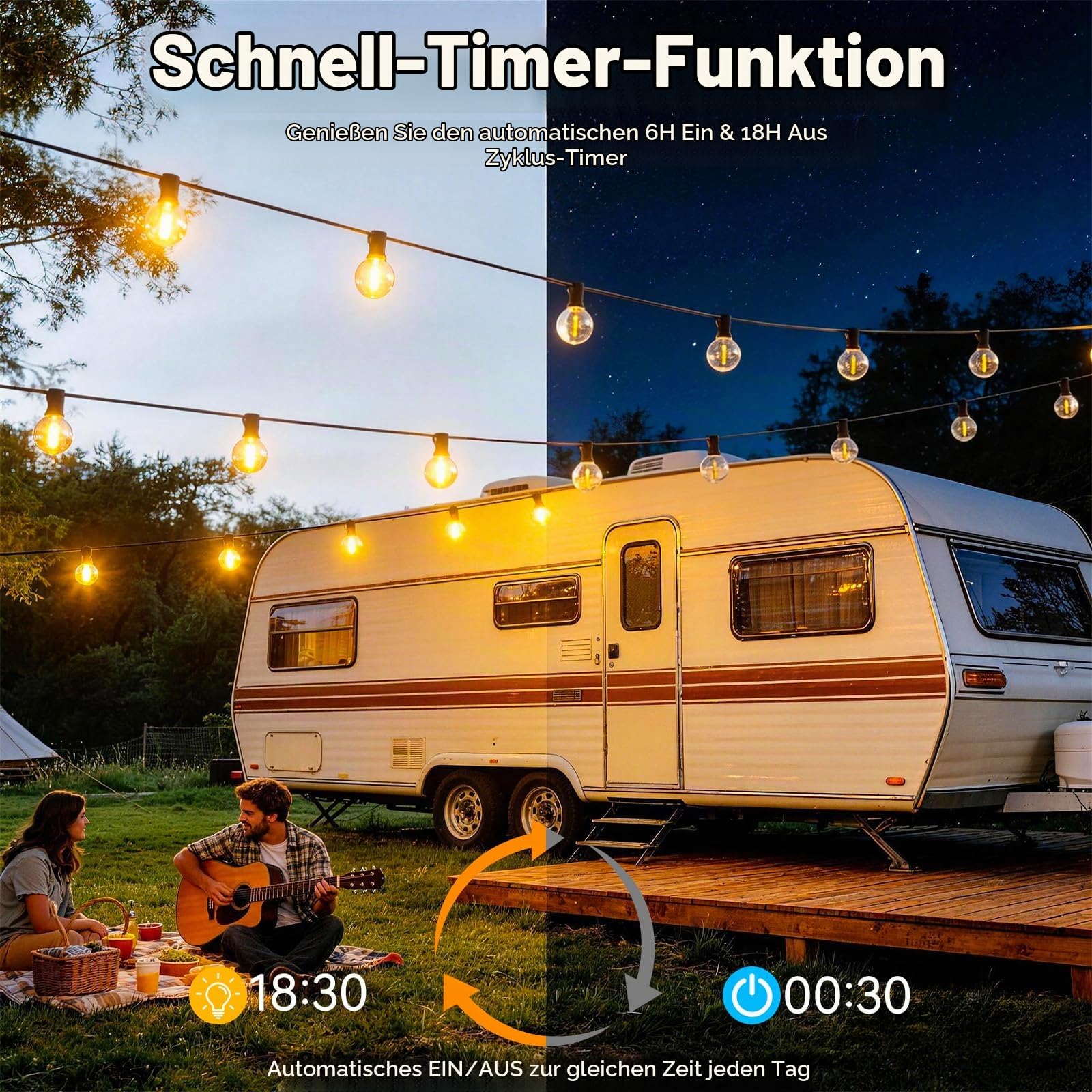 Lichterkette Außen Strom, 50m G40 Glühbirnen Outdoor Lichterkette, Dimmbar und mit Zeitschaltuhr Wetterfest Warmweiß Aussen Lichterkette für Garten Terrasse Balkon Hochzeiten Party,24V