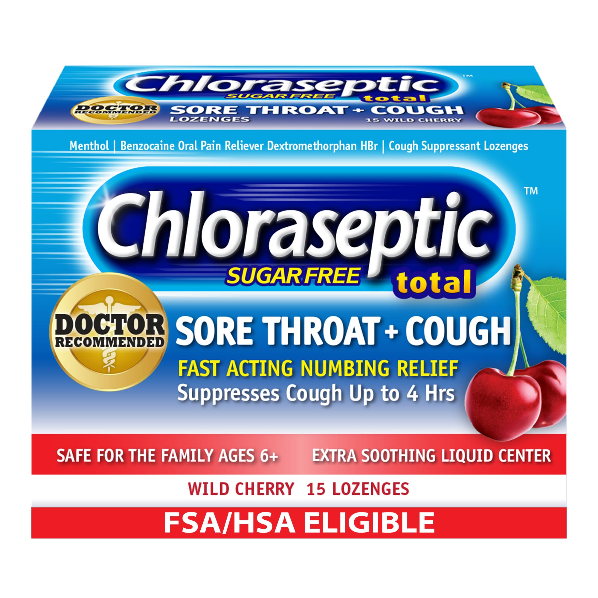 Chloraseptic Total Sore Throat + Cough Lozenges, Sugar-Free Wild Cherry Flavor, 15 Count