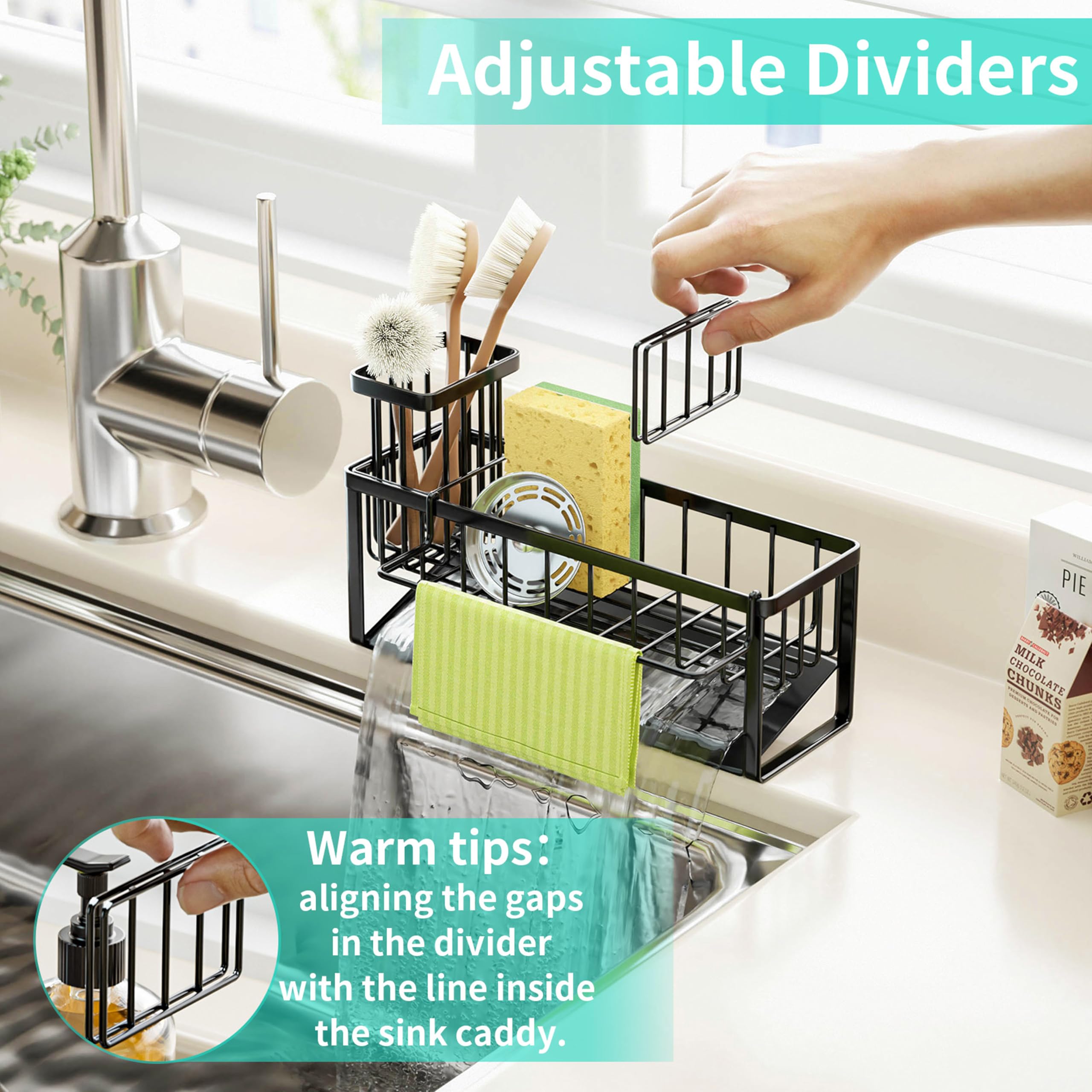 HapiRm Sponge Holder for Kitchen Sink - Self Draining Sink Caddy for Sponge, Black, with Dishcloth Holder - Image 4