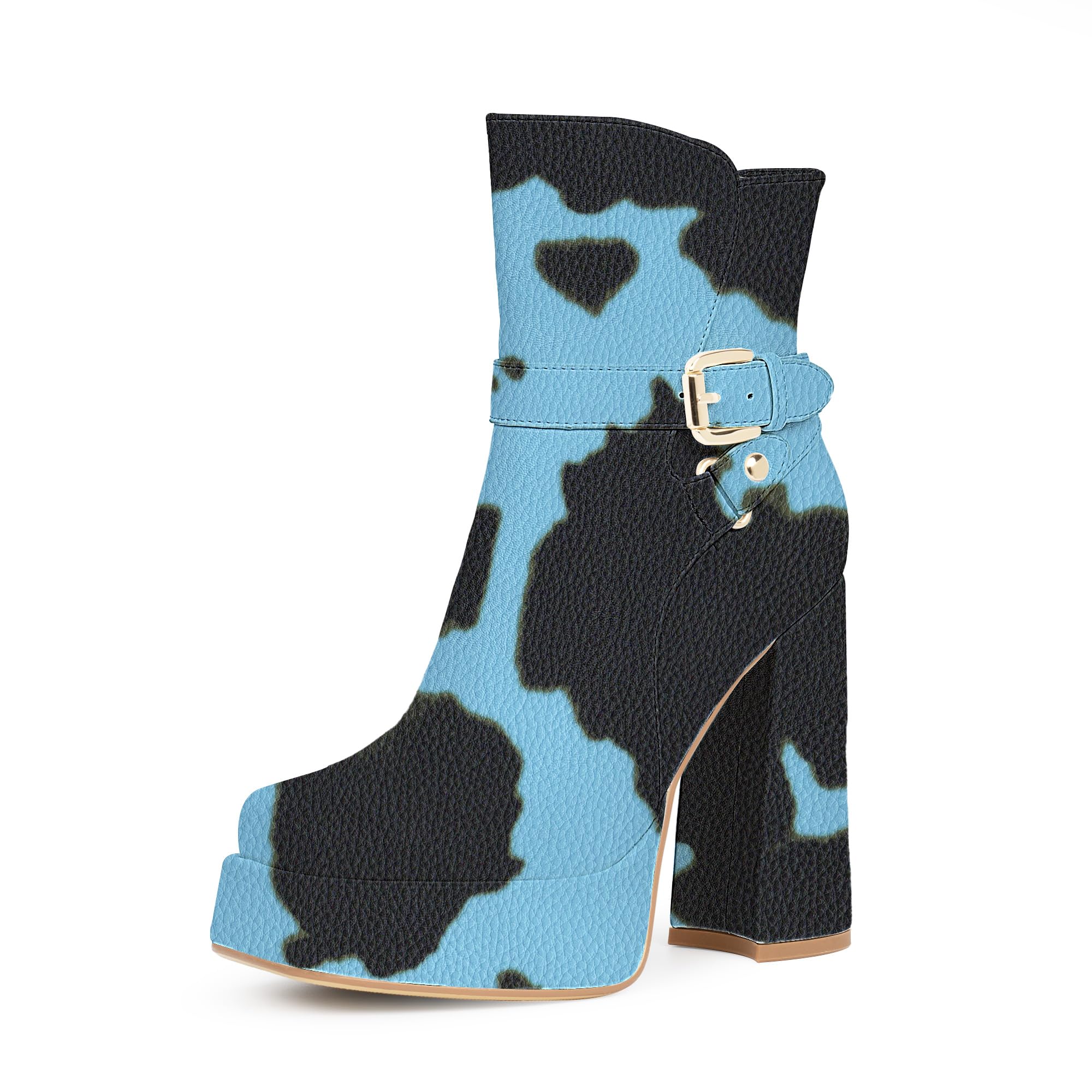 Womens Platform Chunky High Heel Ankle Boots Buckle Strap Square Toe Booties