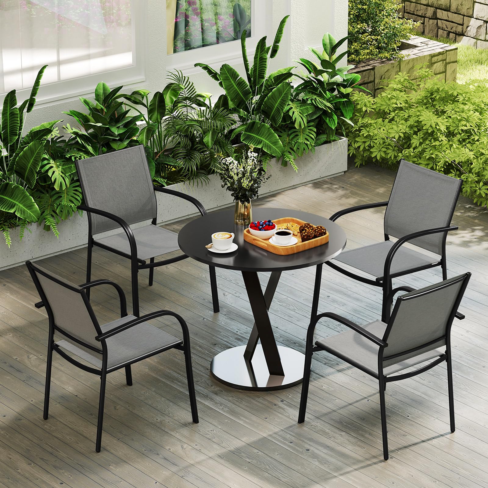 COSTWAY 2 Sillas Jardin Exterior Textilene, Sillas de Comedor Apilables, Marco de Metal, Terraza Balcon Exterior 61 x 58 x 85 cm, Carga 150kg, Café