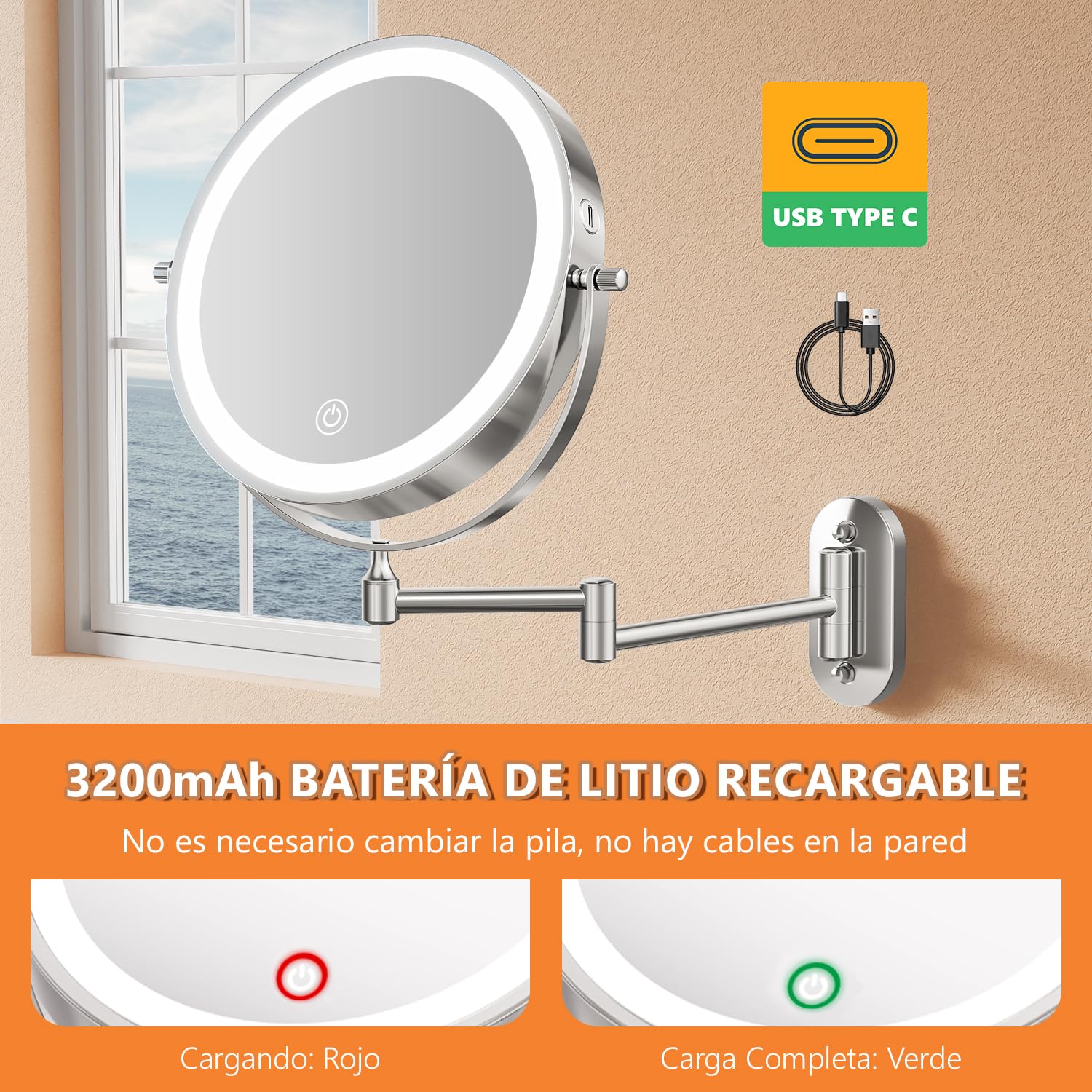 Auxmir 8″ Espejo Maquillaje con Luz para Pared Recargable 3200mAh, 1X/30X Aumento Doble Cara Giratorio 360° Brazo Extensible, 3 Colores y Brillo Regulable, para Baño Hotel, Plata