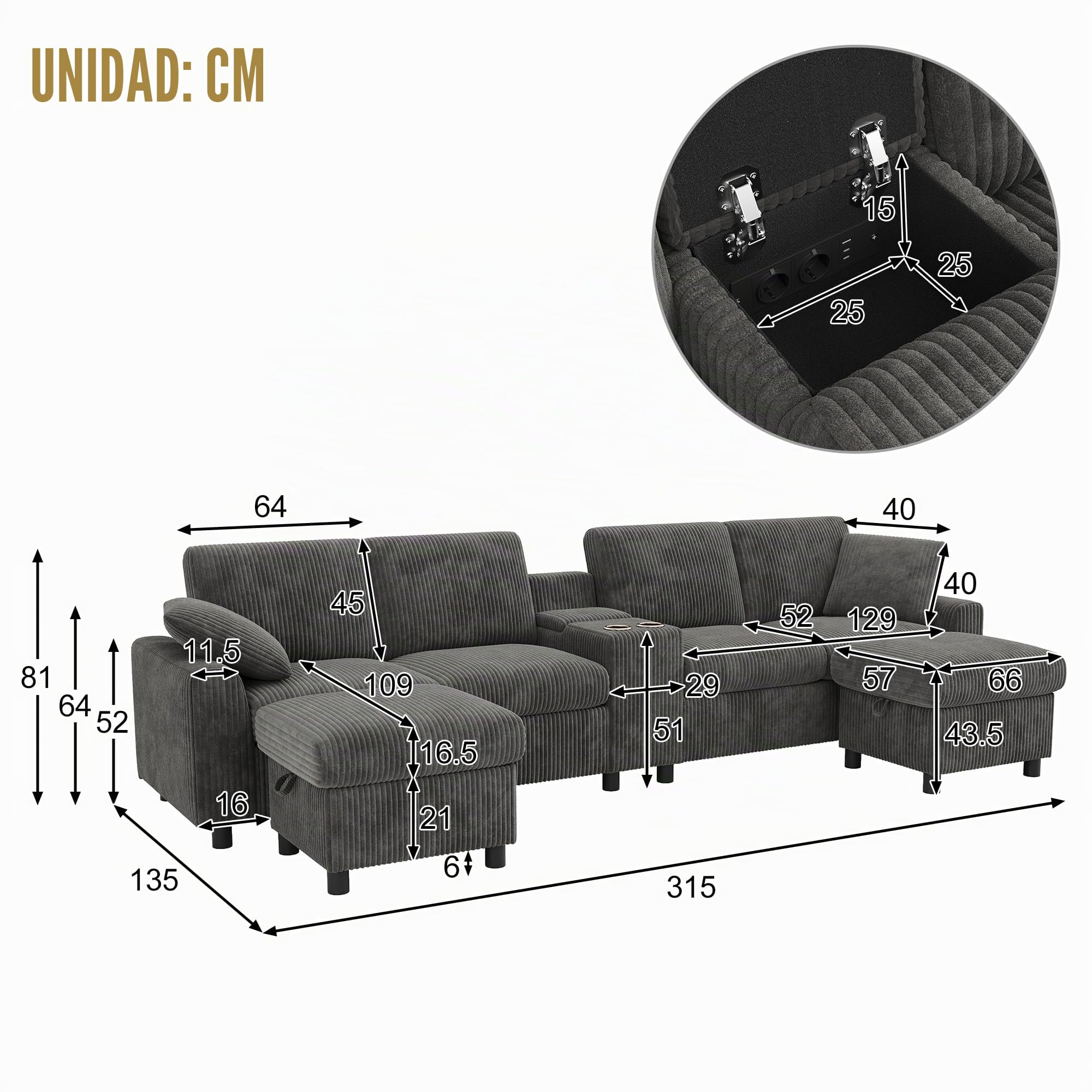 LAKFEW Sofa de 4 Plazas en U con USB C y 2 Reposapiés de Almacenaje, Sofas de Salon 4 Plazas con 2 Portavasos y 2 Cojines, Sofa Modular Rinconera, Couch, Pana, 315x135x81 cm, Gris