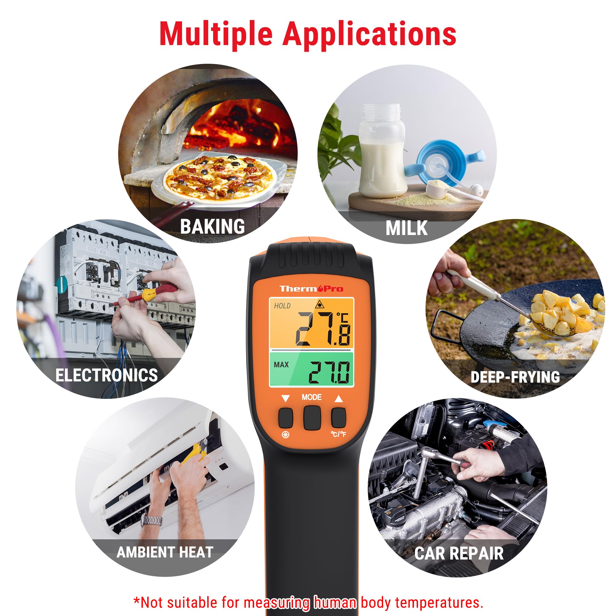 ThermoPro TP450 Pistolet de Température Double Laser pour la Cuisson, Thermomètre Infrarouge Numérique pour Four à Pizza, Pistolet Thermomètre Laser -50 ℃ à 500 ℃ (pas pour les humains)