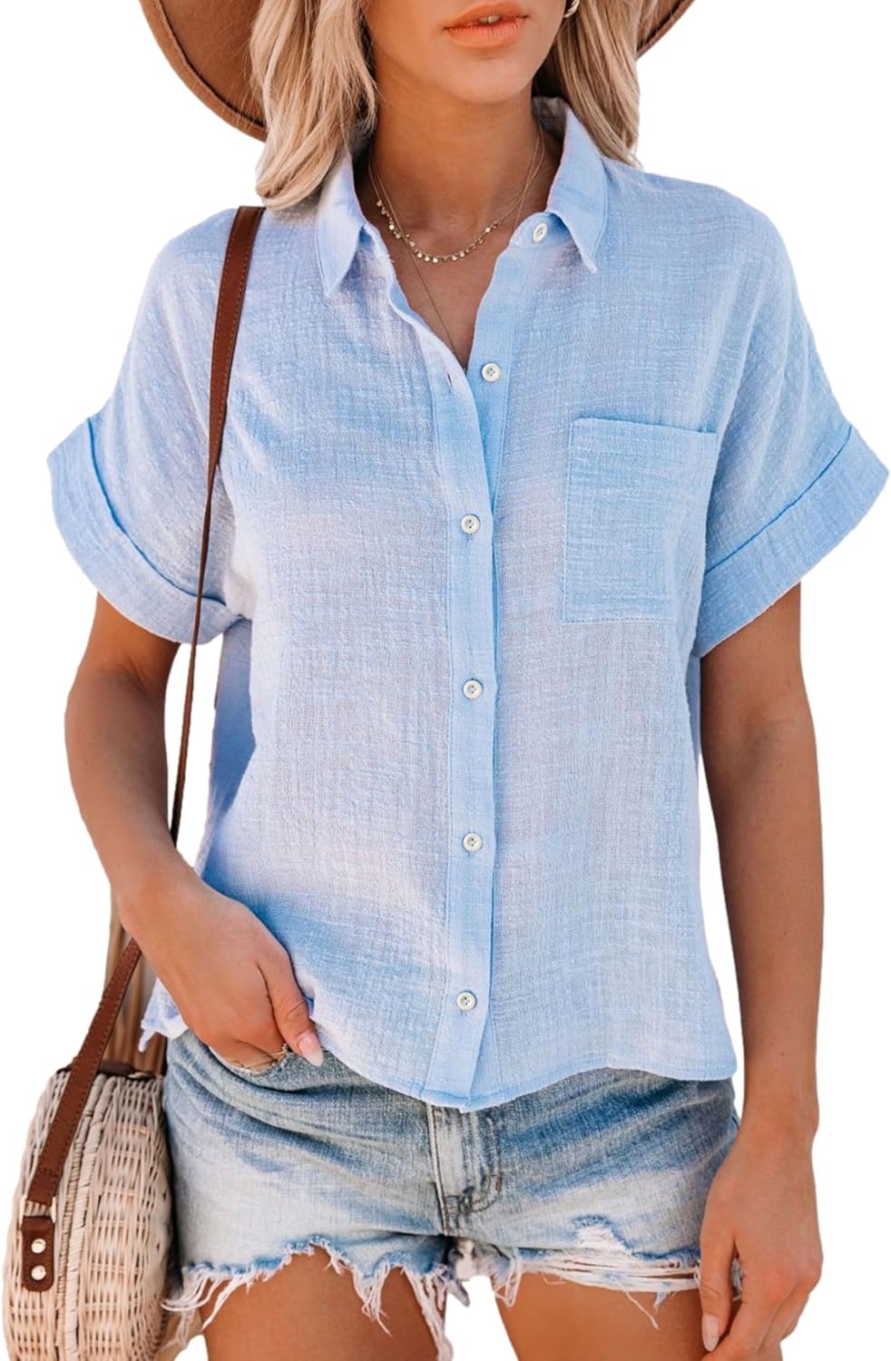 Womens Cotton Linen Short Sleeve Button Down Shirts Casual V Neck Plain Blouses Tops