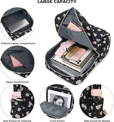 Miniatura 2 de Mochila para laptop para mujeres y niñas, mochila escolar universitaria de 15.6 pulgadas, mochila informal de viaje, negro (Daisy Black), Mochilas
