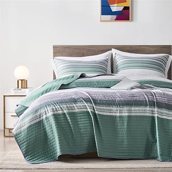 KAKIJUMN King/Cal King Quilt Bedding Set, White Grey and Green Patchwork Striped Quilt Set, 3 Pieces Soft Lightweight Bedspread Coverlet Set with 2 Pillow ShamsGreen,King