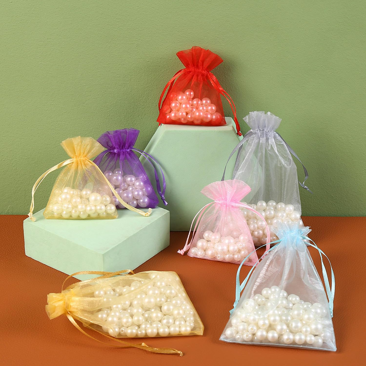 50 Sacchetti Organza 10x15 Cm - Con Coulisse In Raso - Per Matrimoni, Regali, Caramelle - Colore Verde Erba - Riutilizzabili - Foto 3