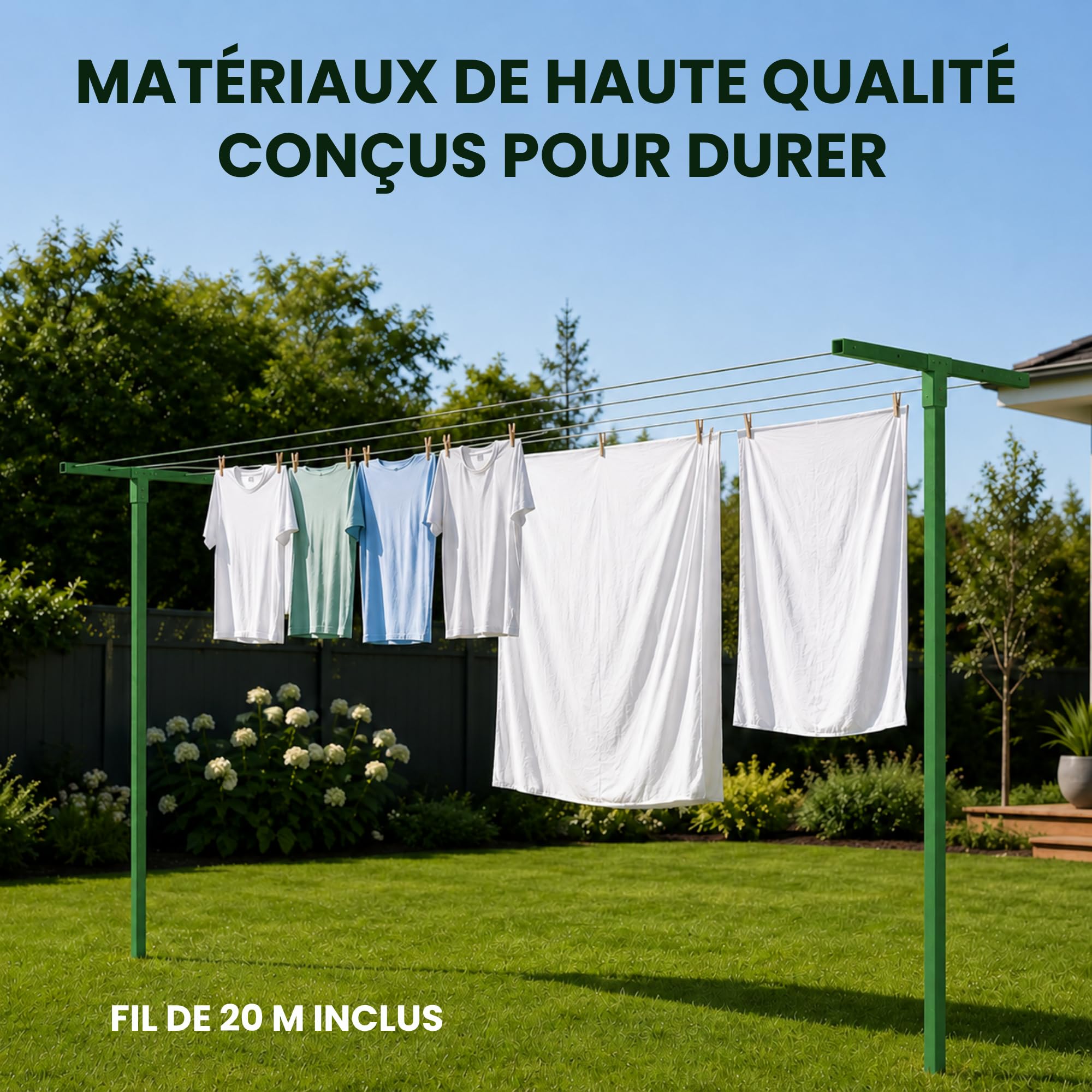 Andrys Étendoir à Linge d’Extérieur, Corde 20m, Poteaux Carrés (Vert)