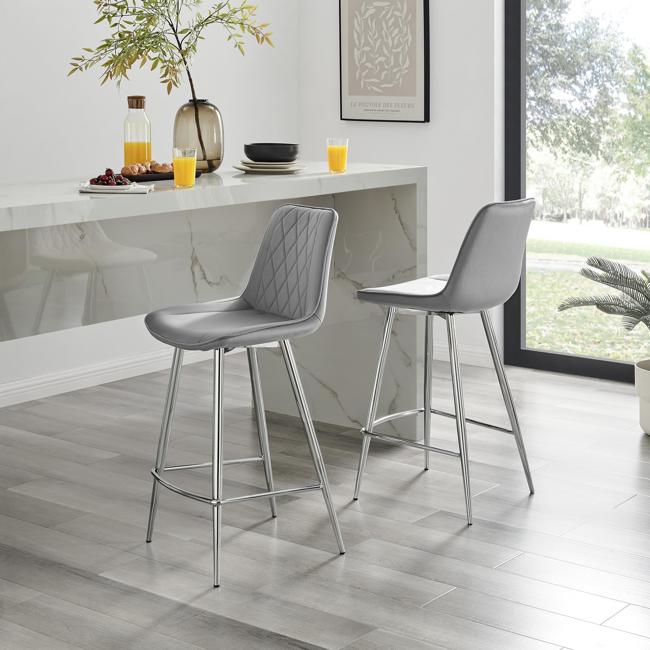 Furniturebox UK Counter Stools - Pesaro Grey Velvet Upholstered Dining Chair Silver Metal Legs - Modern Style Diamond Quilted Stitching To Back - Contemporary Dining Kitchen Furniture