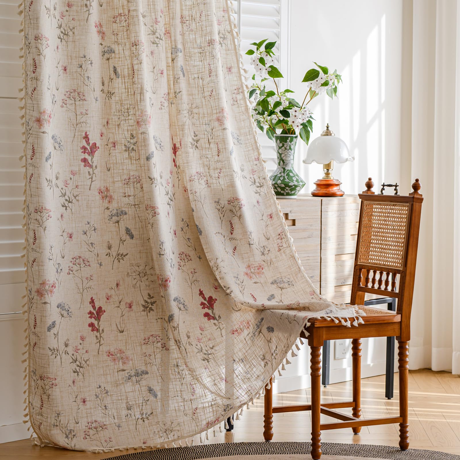 RoomTalks Boho Farmhouse Wohnzimmer Vorhang Privatsphäre Leinenstoff Niedlich Vintage Floral Botanisch Ästhetisch 244 cm Fenstervorhänge für Schlafzimmer Esszimmer Wohnzimmer Kinderzimmer Wildblumen