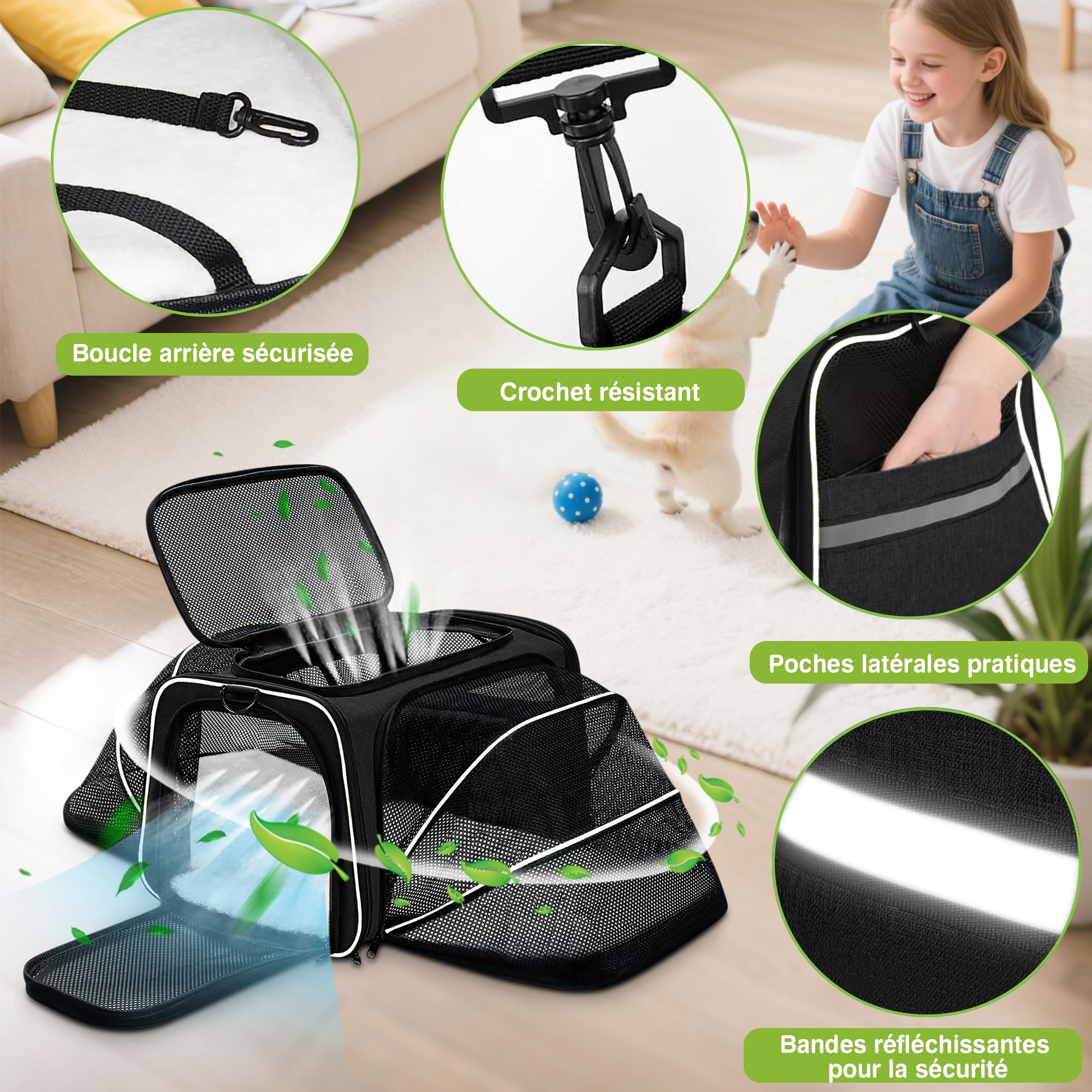 ALLSOPETS Sac de Transport Extensible pour Chat et Petit Chien, Sac Souple Pliable avec Extensions Latérales, Coussin Amovible et Poches, Transport Animaux Cabine Avion (Noir & Blanc)