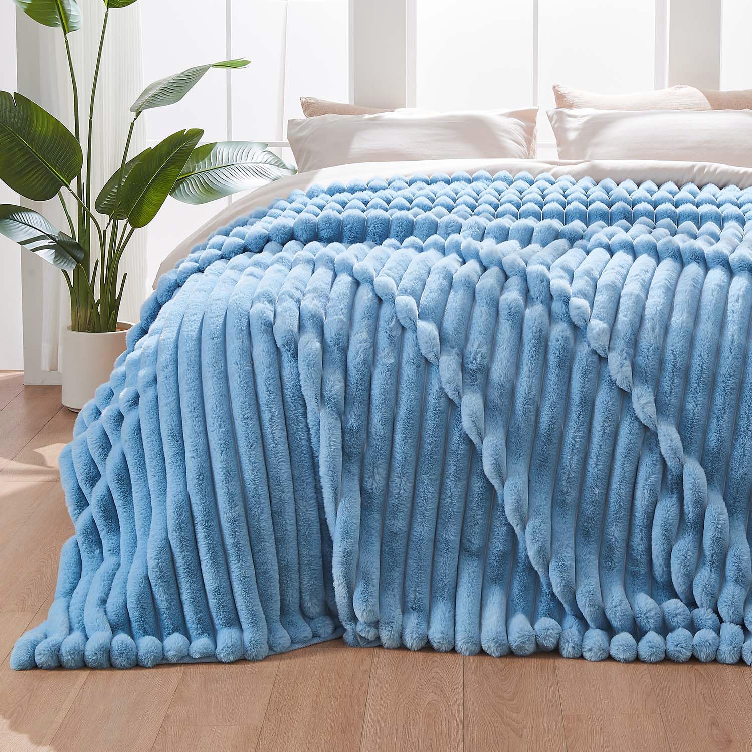 Lotus Karen King Size Blanket for Bed, Cozy Soft Fluffy Fuzzy Blue Blanket, Striped Winter Warm Thick Furry Plush Shaggy Large Blankets, 90x104 Inches