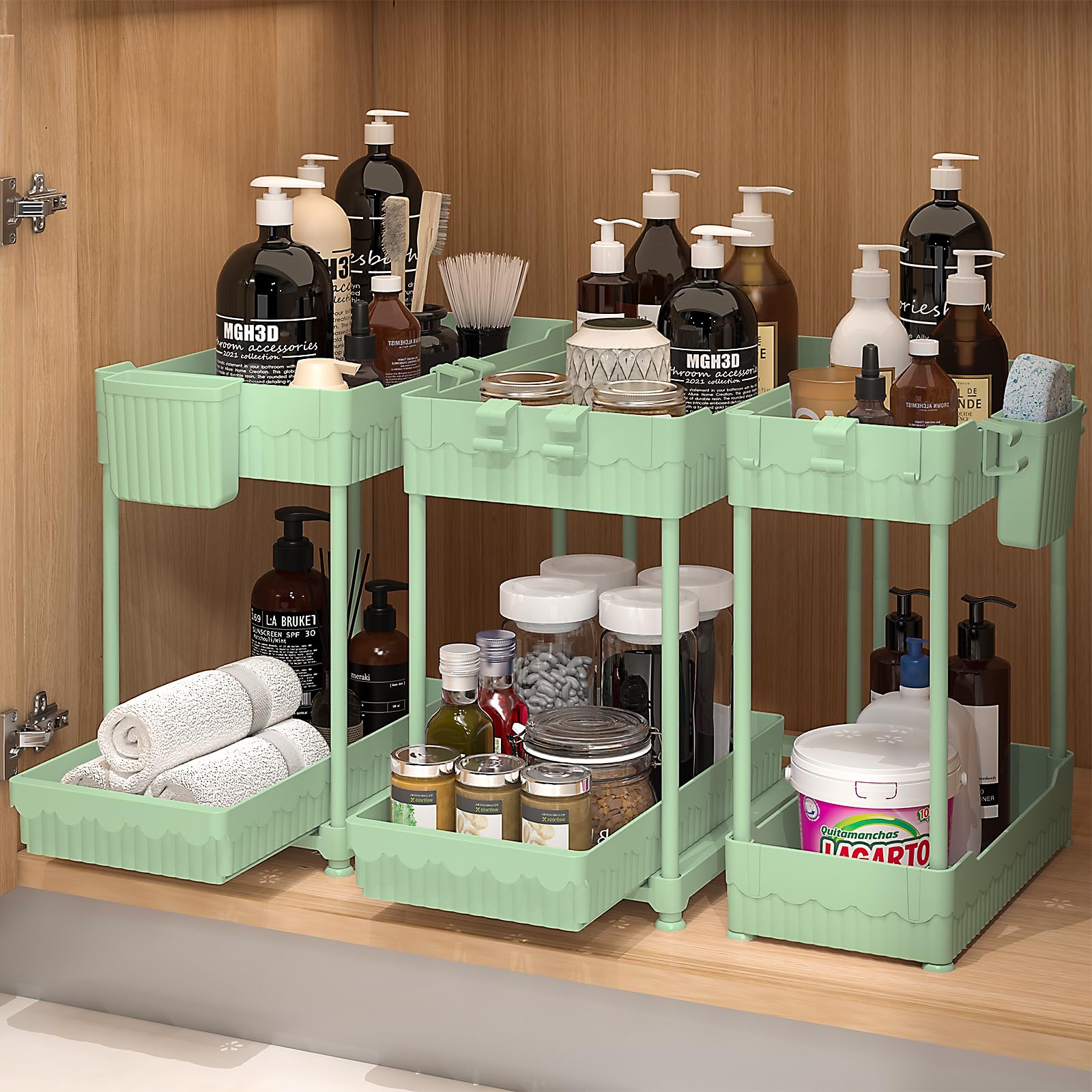 Sevenblue 3 Pack Under Sink Organizer, 2-Tier Multi-Use Kitchen Bathroom Organizers and Storage with Sliding Drawer?Bathroom Cabinet Organizer (Green, 14.8inch)