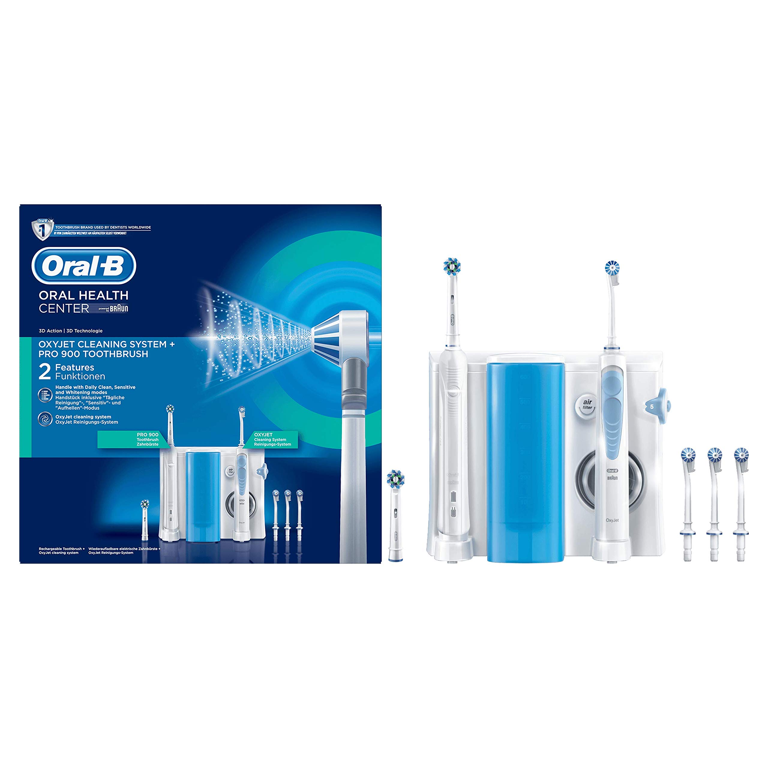 Oral-B Pro 900 + system czyszczenia Oxyjet w zestawie, elektryczna szczoteczka do zębów, do ponownego ładowania, 1 system czyszczenia Oxyjet, 1 elektryczna szczoteczka do zębów, 4 dysze zapasowe Oxyjet, 2 końcówki do szczoteczki