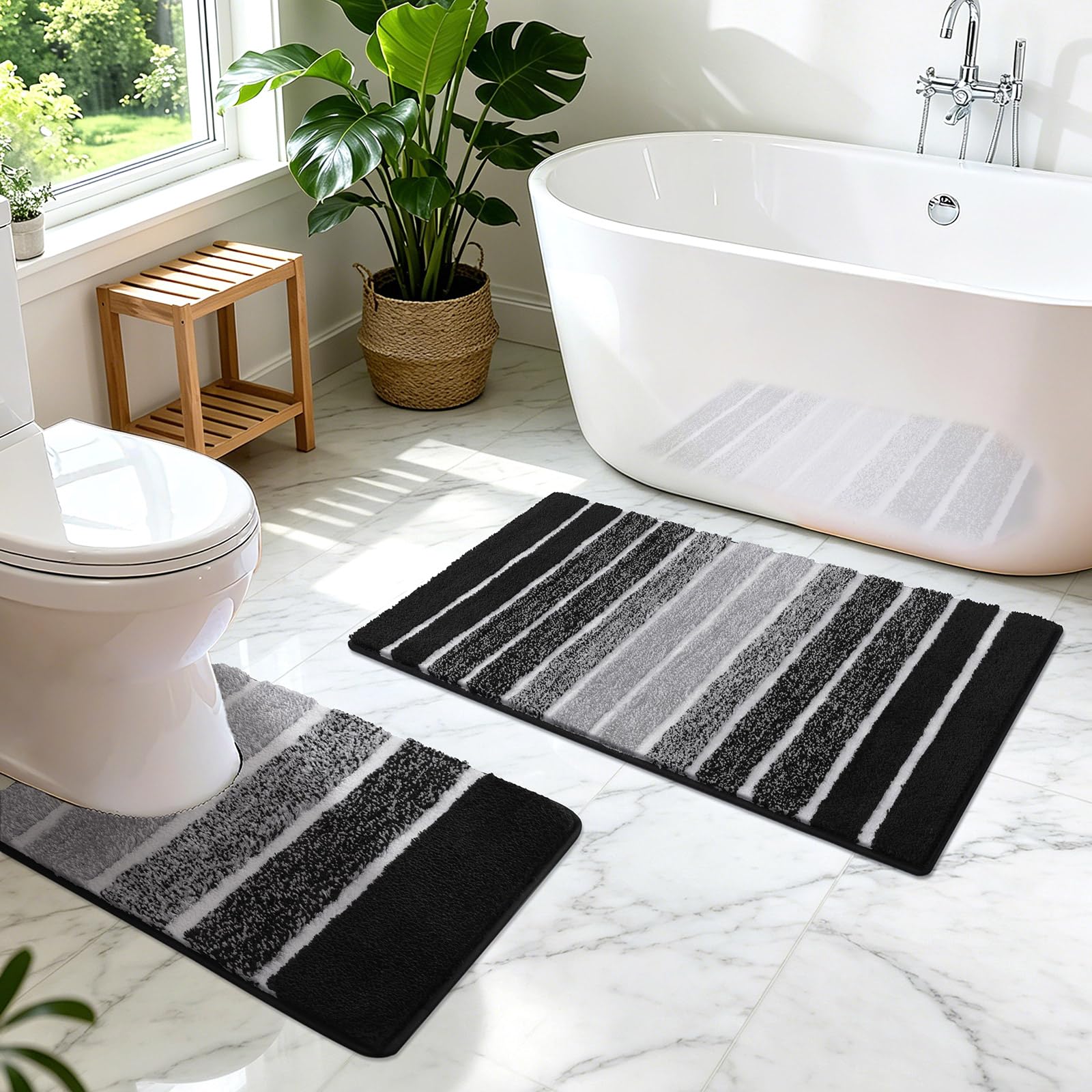 SHACOS Non-Slip 2 Piece Bath Mats Washable, 45x65 + 50x60 cm Black