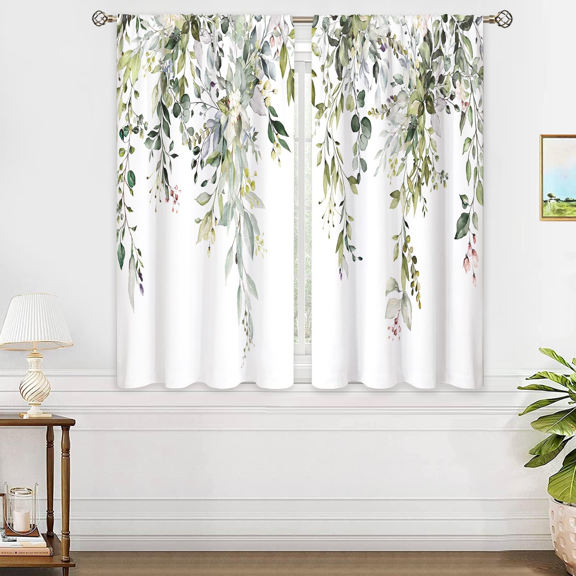 oolygoo Sage Green Eucalyptus Leaves Window Curtains Flower Watercolor Floral BotanicalPlant Wildflower Farmhouse Curtain Drapes Herb Curtains for Bedroom Living Room Treatment 2 Panels 29Wx63H Inch — image 1
