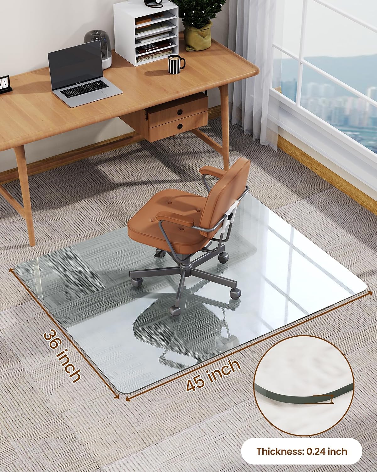 [Tempered Glass] Office Chair Mat for Carpet, Desk Mats 36"x45"1/4" Thick Clear Heavy Duty Glass Rolling Computer Chair Protector, Easy Glide Floor Desk Mats for High Pile Carpet