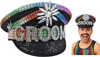 Nicky Bigs Novelties Rainbow Black Groom Captain Hat Sequin Wedding Party Accessory for Men Colorful Festival Cap with Gems Pride Bachelorette Bachelor Boat Parade Costume Headwear