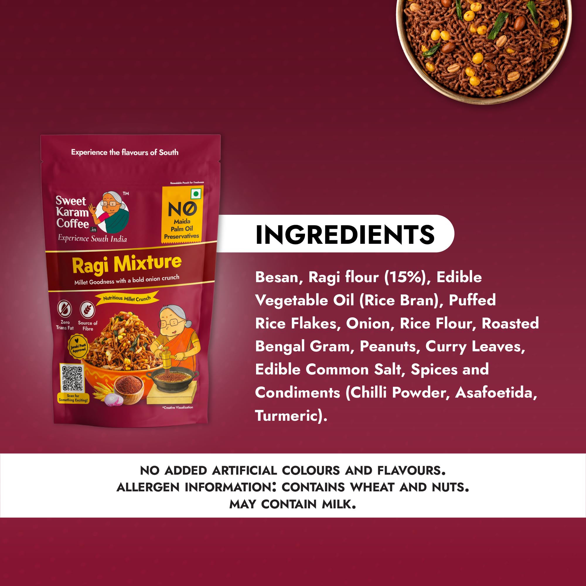 Sweet Karam Coffee Ragi Mixture - 95g | No Palm Oil or Preservatives | Authentic South Indian Savory Snack | Crispy Tea-Time Namkeen | Healthy Millet Mixture 1