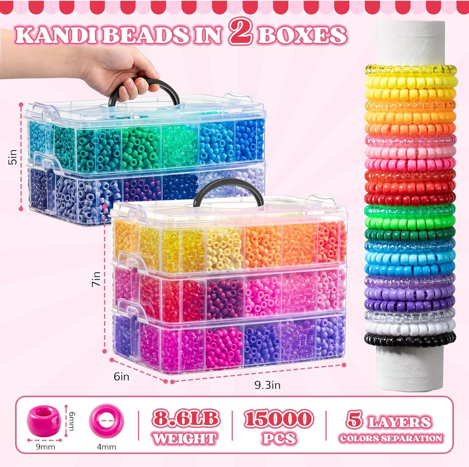 Umikk 15,000 Pony Beads Bulk, 50 Colors 6x9mm Plastic Kandi Beads for Bracelets Making Hair Braiding Jewelry Crafts Christmas Gifts (Shockproof Package)
