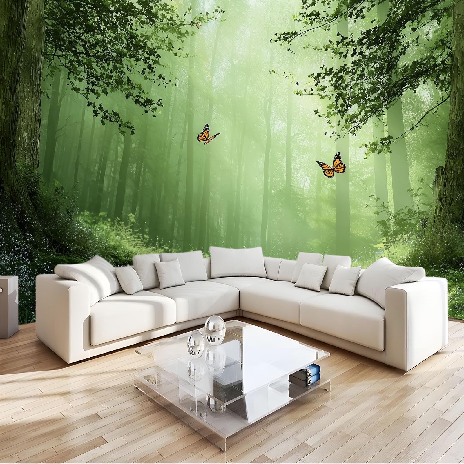 Générique Papier Peint 3D Effet Panoramique Photo Mural 450 x 280 cm Fantaisie Nature Forêt Papillon Papier Peint Tapisserie Poster Panoramique Salon Chambre D'Enfants Décoration Murale, Vert Forêt