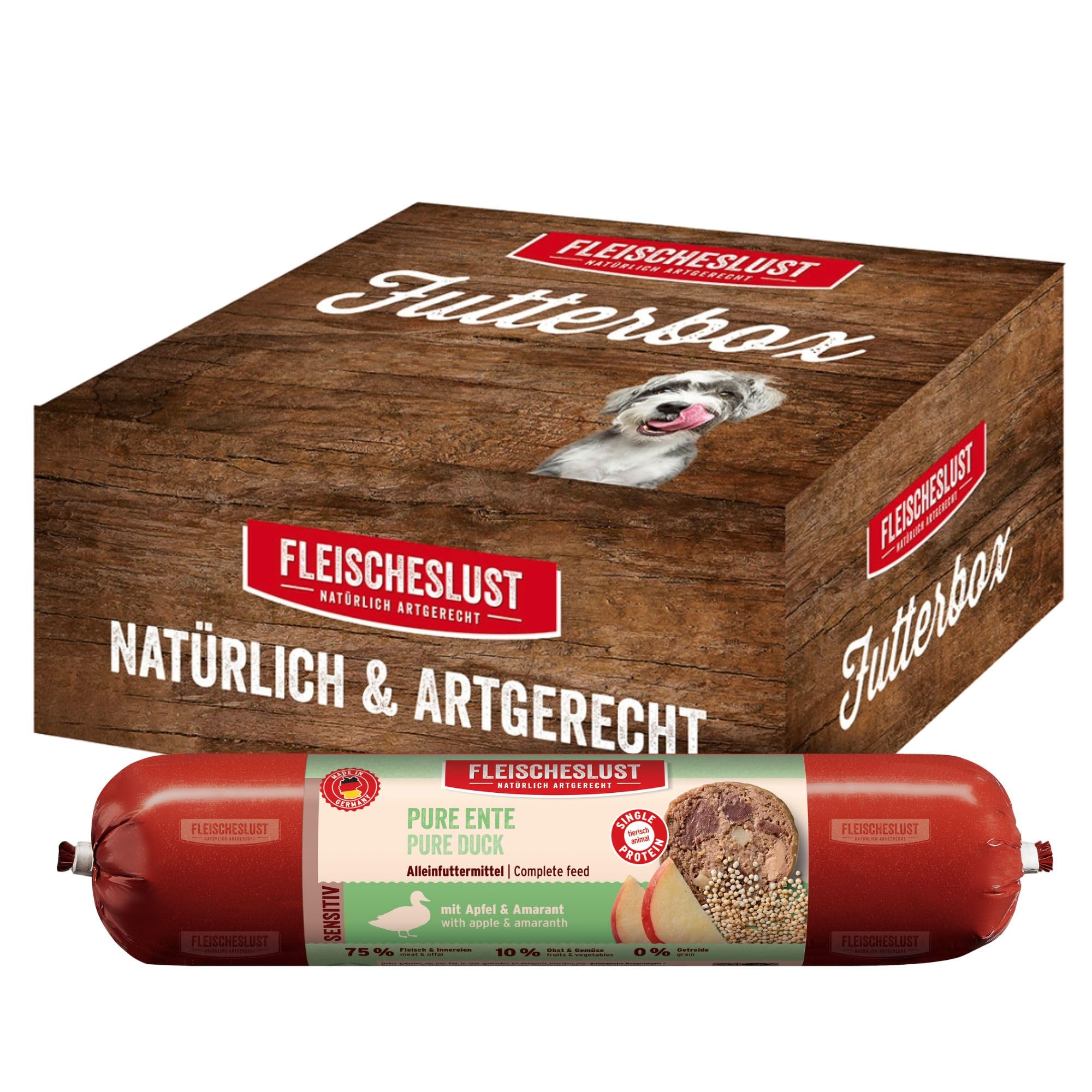 Fleischeslust Salchicha para perros, pato puro con manzana y amaranto, caja de comida (6 x 800 g) | Sensible | Comida húmeda | resistente a los cortes | sin cereales | pienso completo para perros
