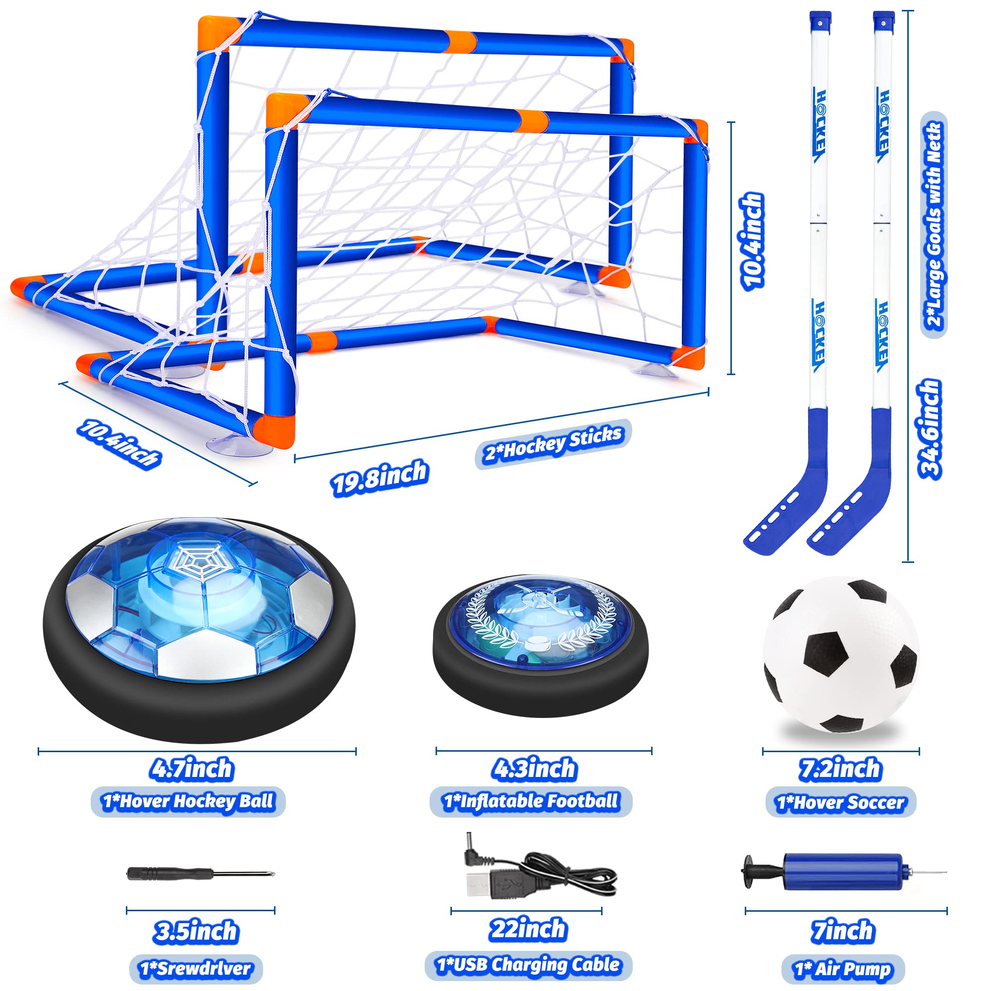 Air Power Football Jouet Enfant Ballon 3-in-1 Hover Hockey Soccer Jouet Ballon de Foot Rechargeable avec Pare-Chocs en Mousse LED Lumière Football Cadeaux pour garçons Filles 3 4 5 6 7-12 Ans