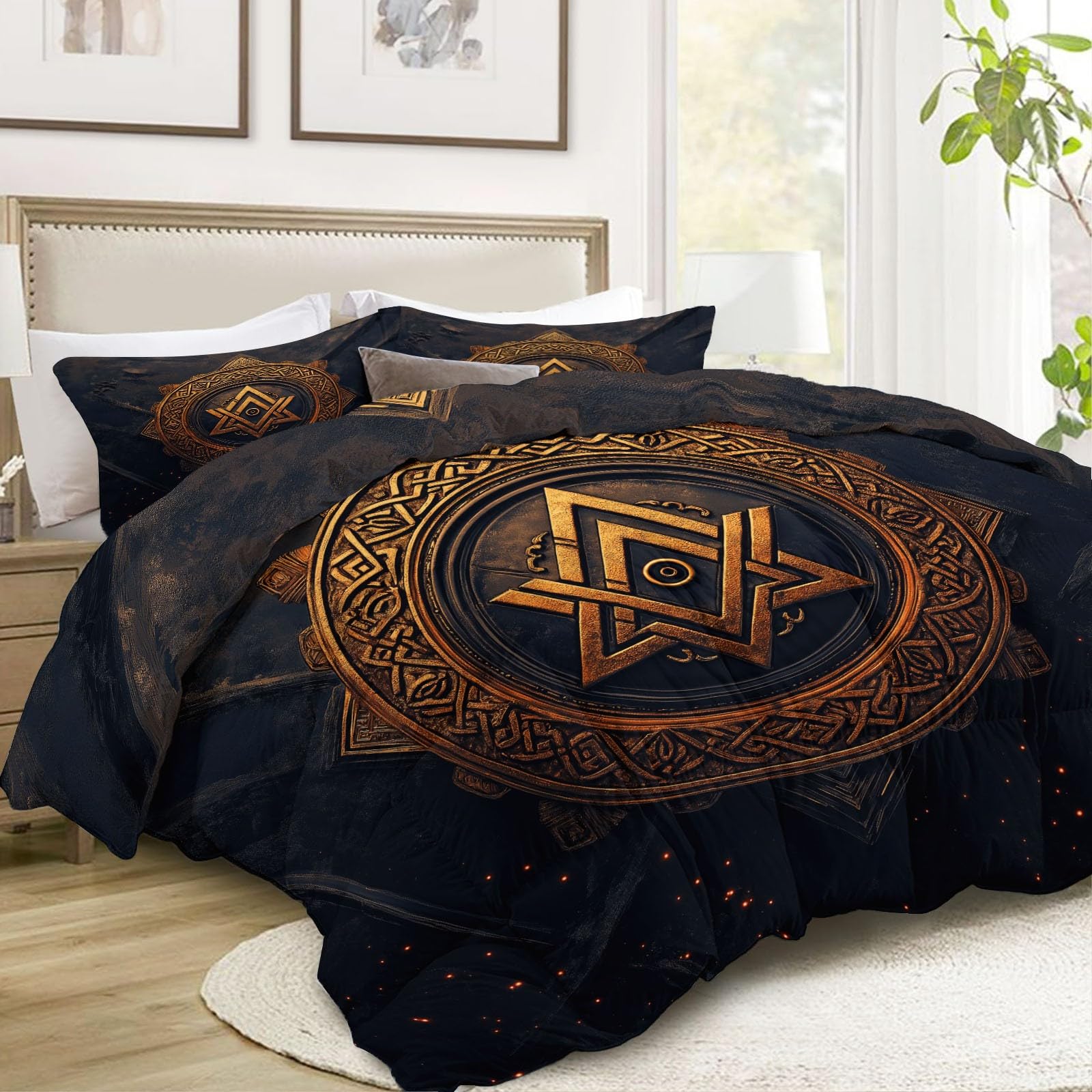 Genérico Kołdra kołdra pikowana 220 x 220 cm Vikings Runy, wypełnienie wypełnienia 400 g/m² - Komfort termiczny na 4 pory roku, antyalergiczna - 3-częściowy zestaw, dla dzieci i dziewcząt, granatowa