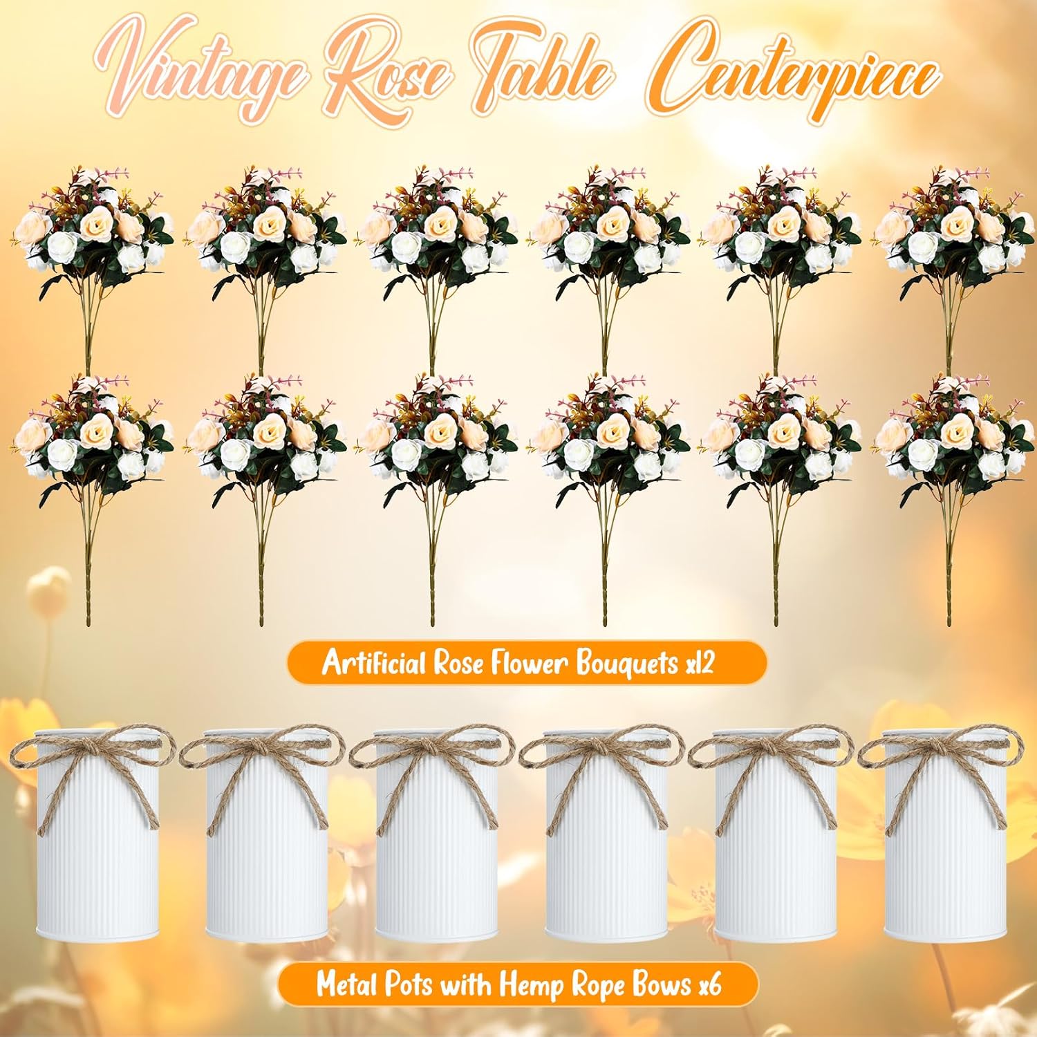 Domensi 6 Sets Valentine's Day Centerpiece for Table Artificial Rose with Vase Fake Bouquets and Metal Pot Floral Arrangements for Wedding Holiday Party Event Table Decor (Champagne) - Image 2