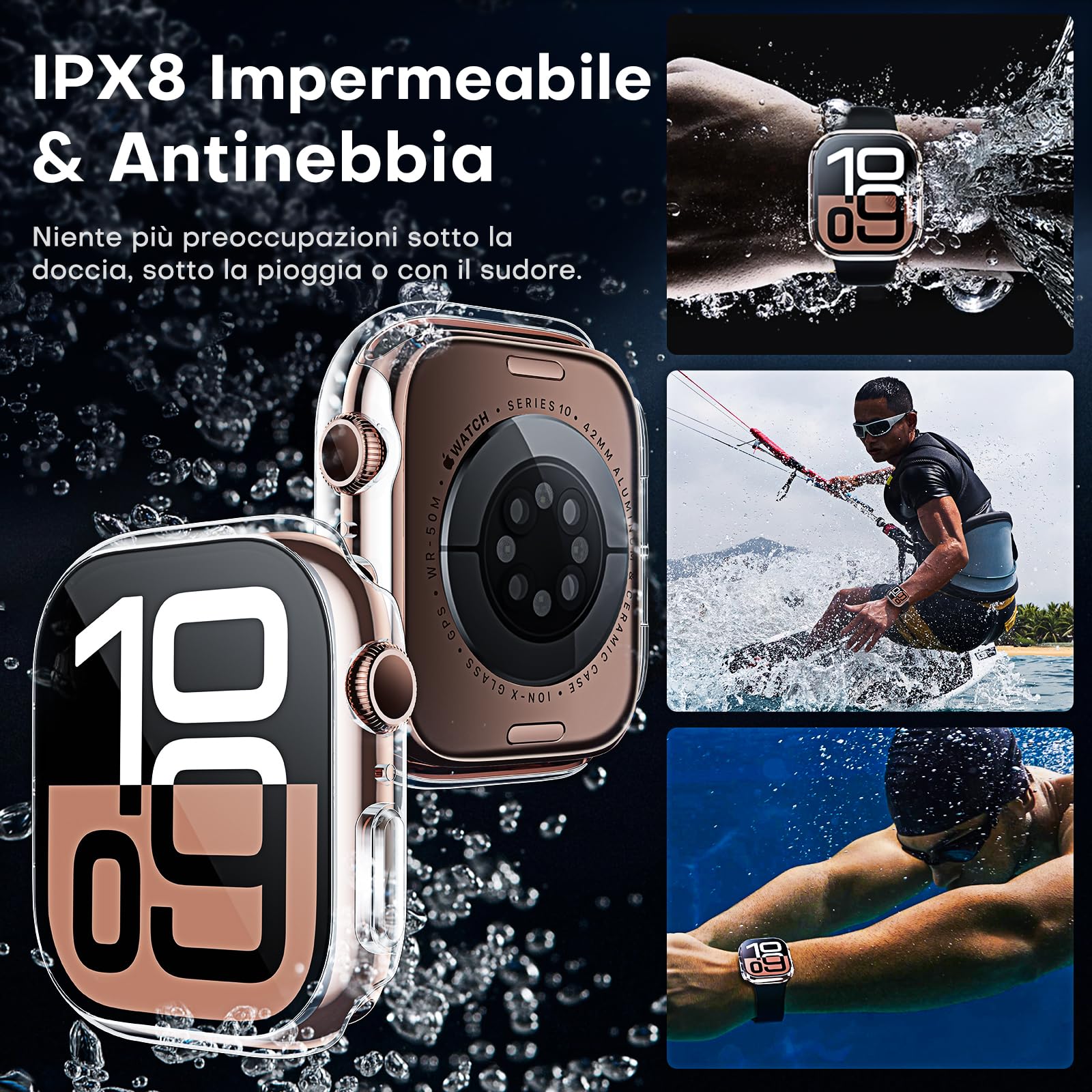 TAURI 2 Pezzi Cover per Apple Watch Series 10 42mm, [Certificazione IPX8 Impermeabile] con Protezione in Vetro Temperato 9H, [Completa] Custodia Protettiva Sottile 42mm-Trasparente