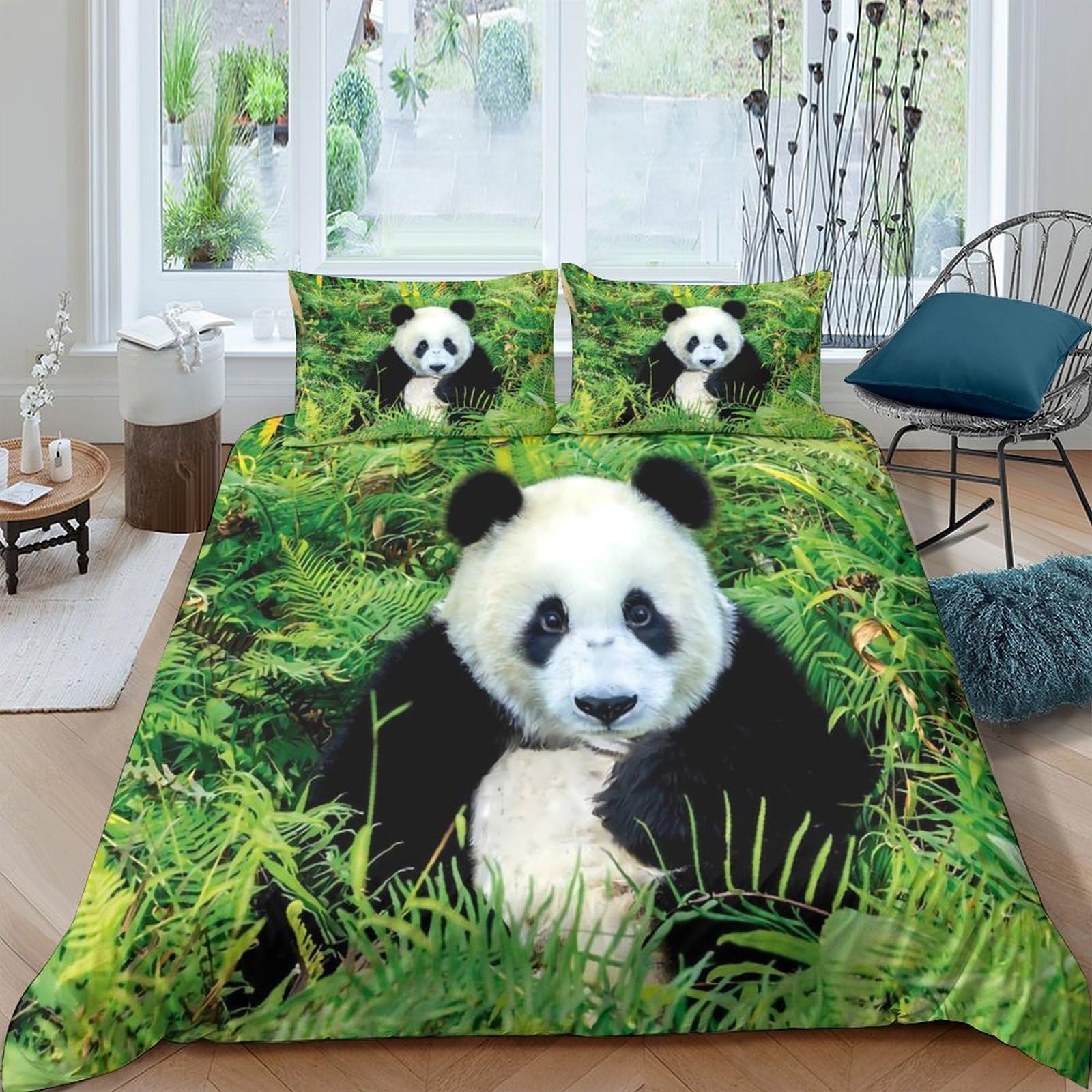 GPLZQXKJNH 3D Printed Giant Panda Green Forest Duvet Cover Set Microfiber Breathable Quilt Cover with 2 Pillowcases for Bedroom Decor Single（135x200cm）