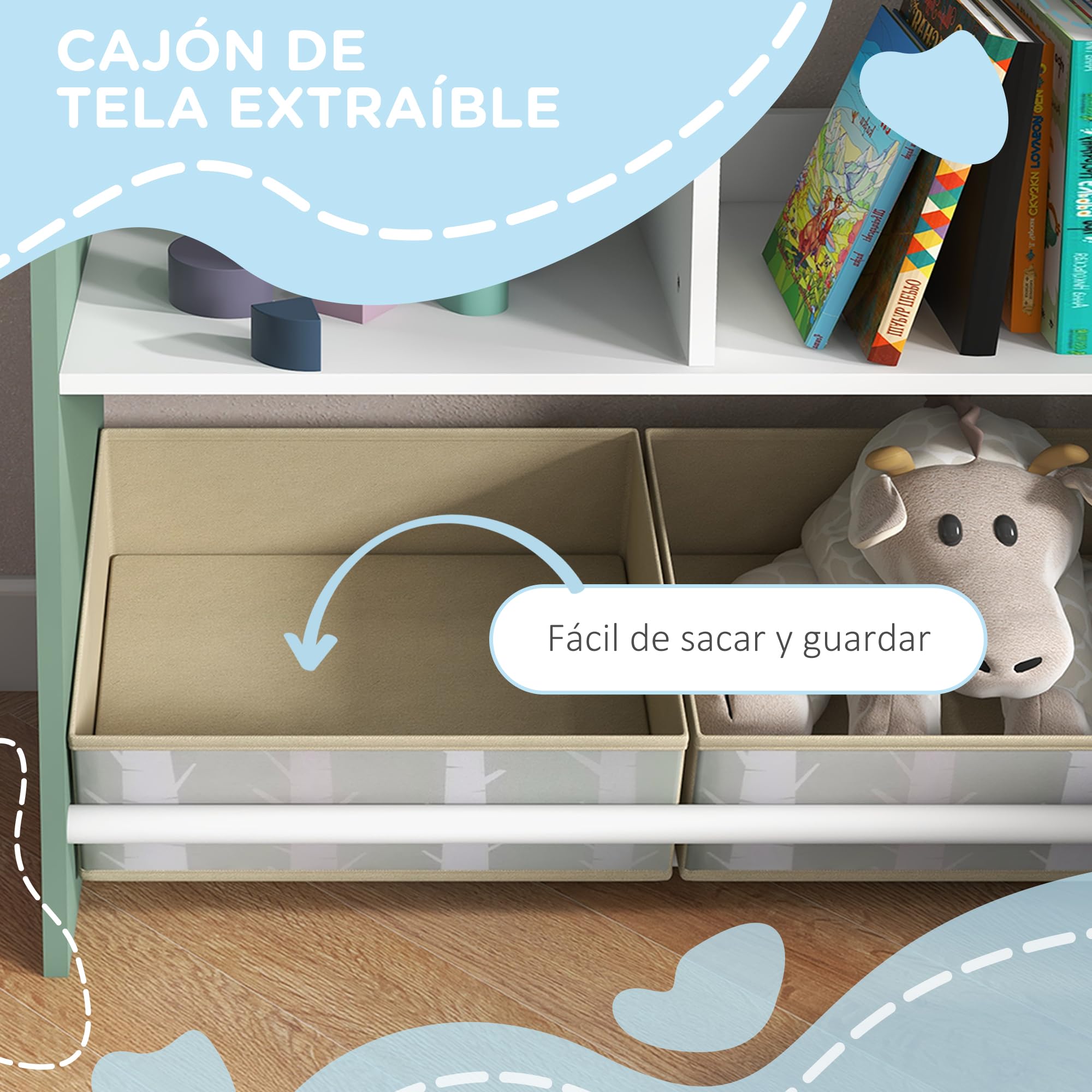 ZONEKIZ Estantería para Juguetes Organizador Infantil con Pizarra Pintable Estantes Abiertos y 2 Cajas de Tela no Tejida Extraíbles para Sala de Juegos Habitación Guardería 62,4x26,5x90 cm Verde