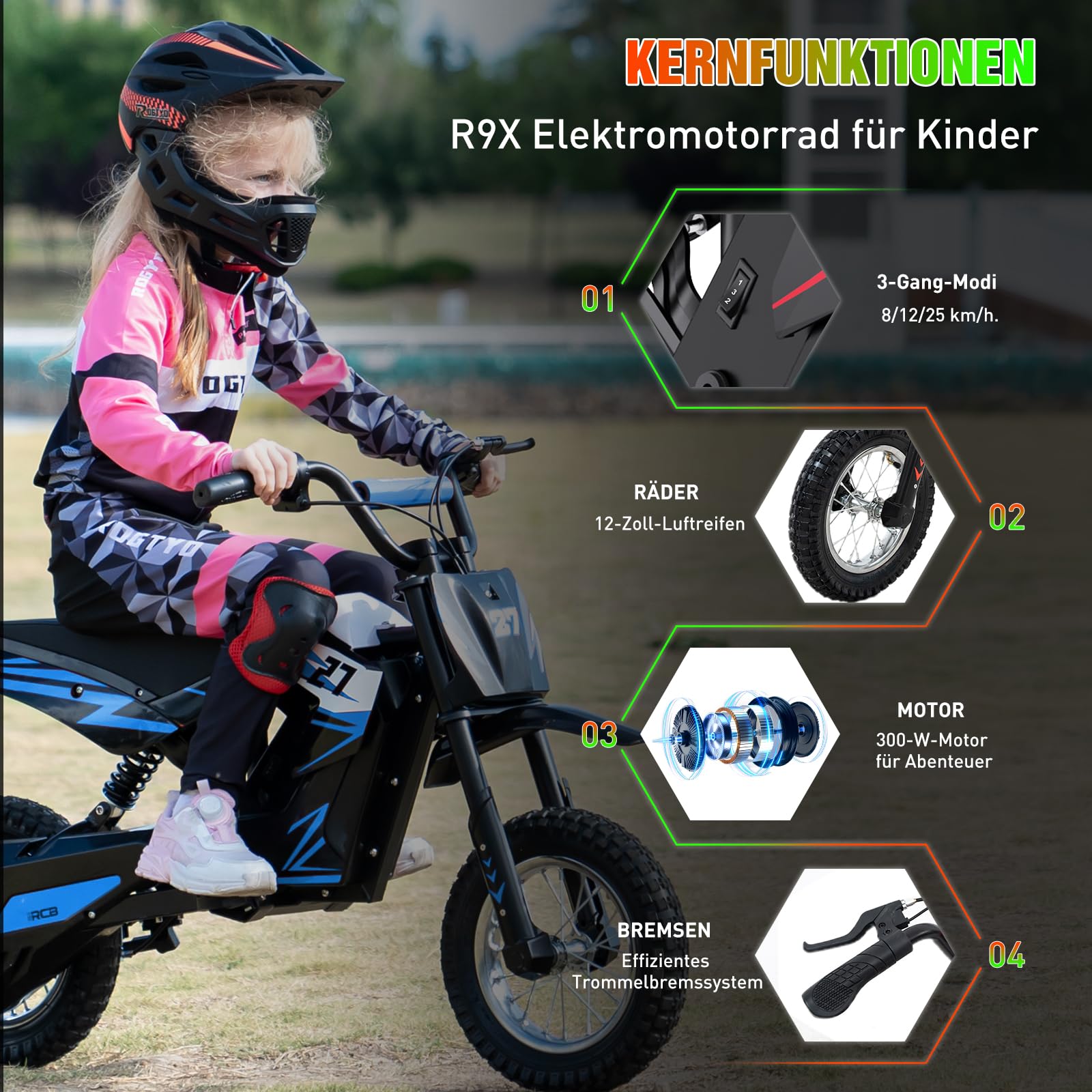 R9X Elektro Motorrad Kinder, Elektromotorrad mit 3 Geschwindigkeitsmodus, Max 25km/h, 36V/5,2Ah Akku, Reichweite 17KM, 12 Zoll Luftreifen, Moto Crossbike für Kinder （blau）