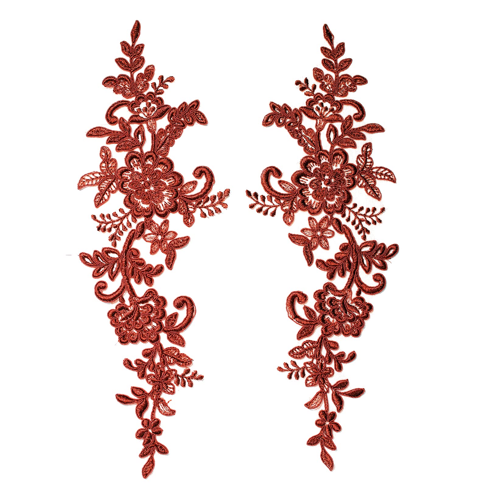 2 Pieces Extra Large Embroidered Bridal Lace Applique Trim Motif with Corded #41A (Brown)