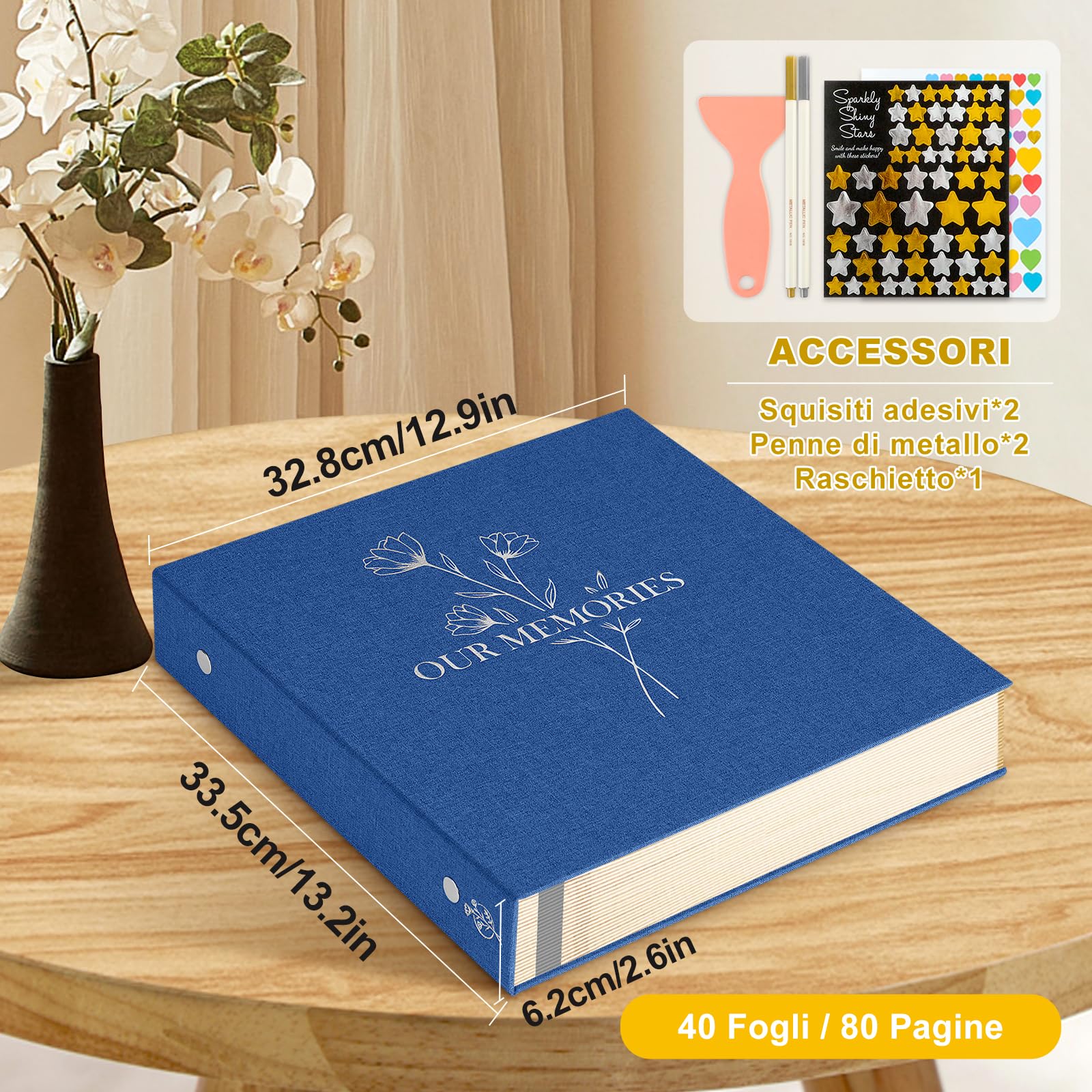 Lanpn Album Fotografico Autoadesivo, Grandi OURMEMORIES Album di Foto in Lino Pagine magnetiche appiccicose, Contiene Diverse Dimensioni 10x15cm 13x18cm Immagini A4 A5 (40 Fogli / 80 Pagine, Blu)