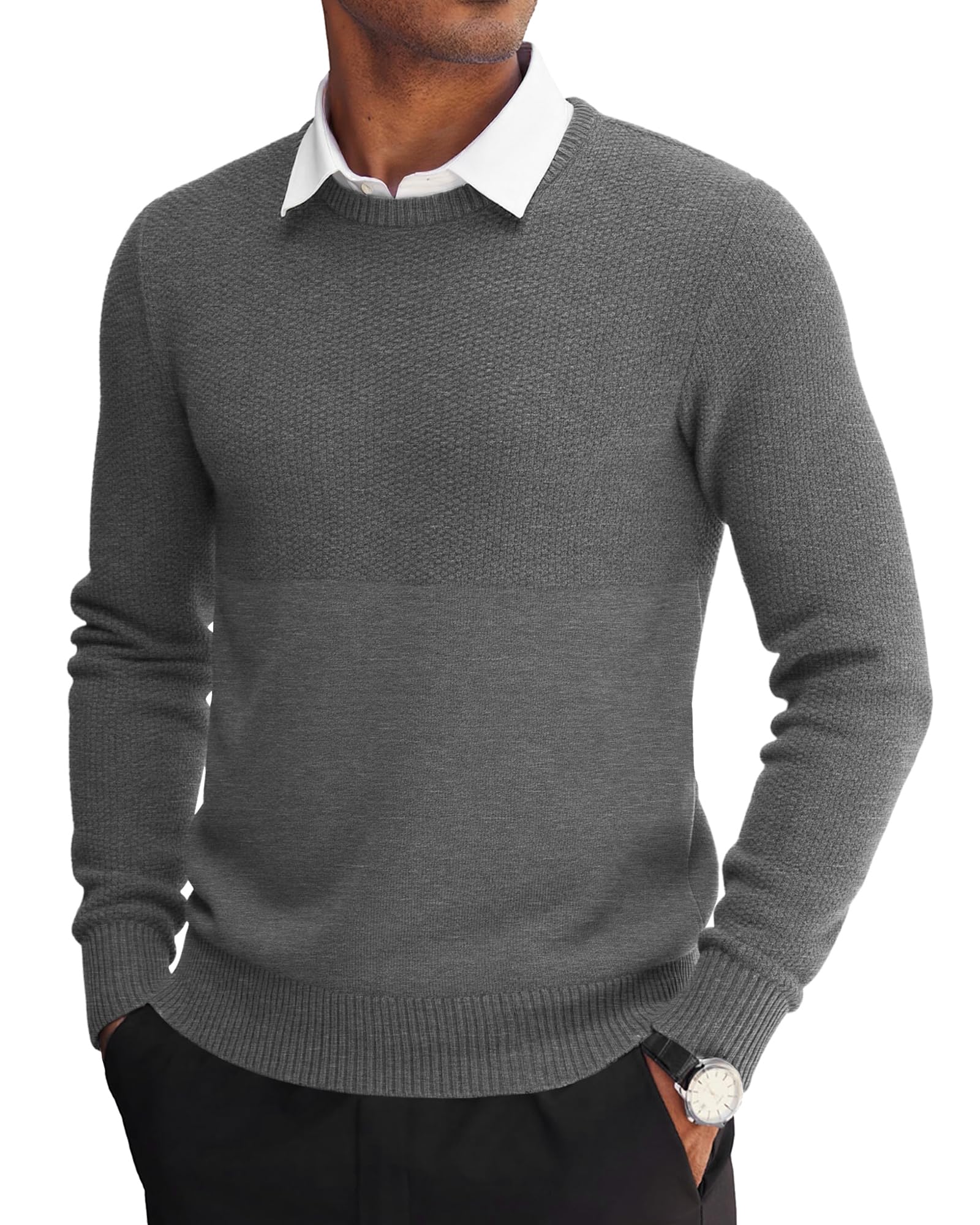 – Men's Crew Neck Jumper Knitted Pullover Men Soft Sweater Lightweight Classic Jumpers Long Sleeve Round Neck Soft Jacquard Textured Winter Casual Warm Tops for Men
