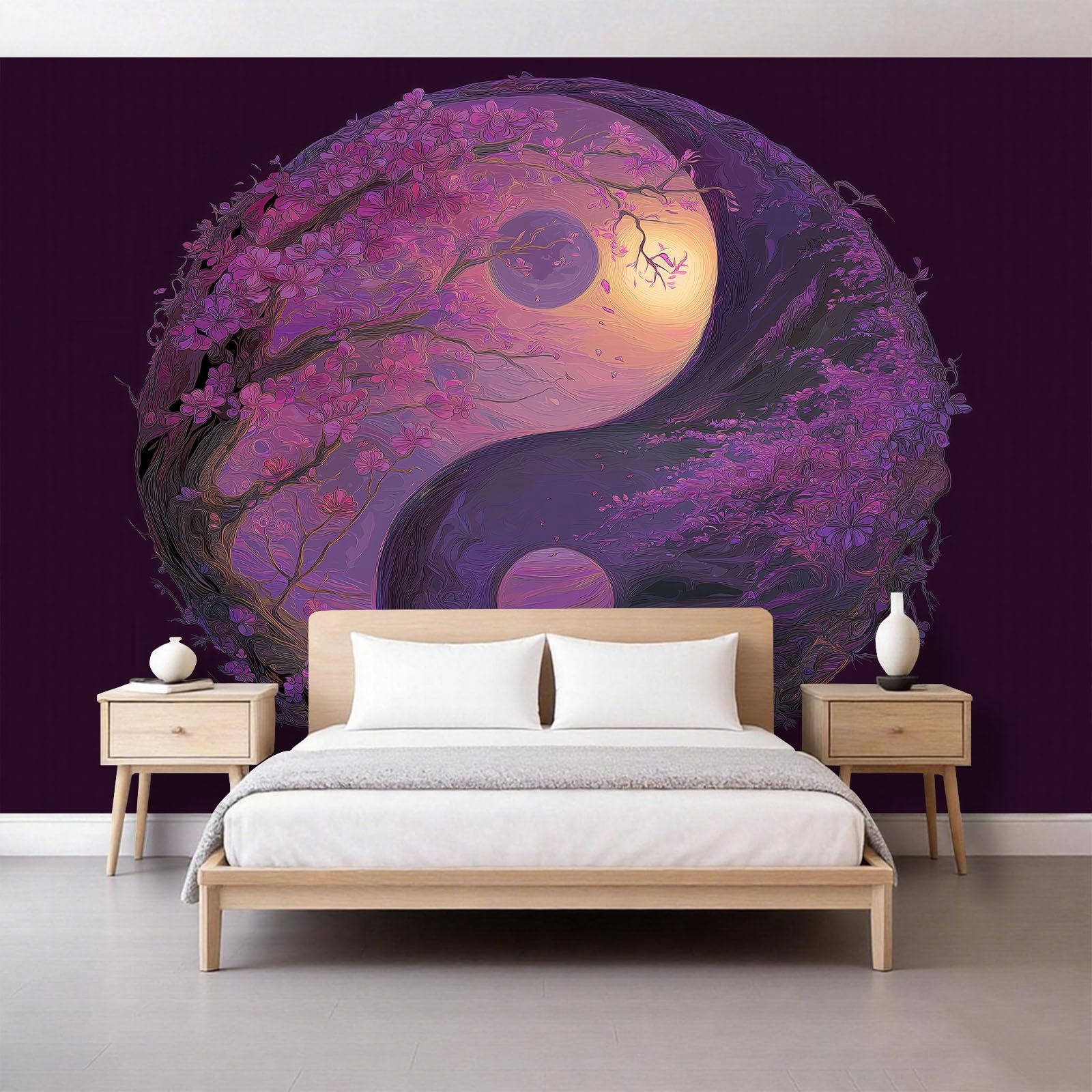 Panoramiczna tapeta 3D 250 x 175 cm fantazyjne kwiaty wiśni symbol Yin i Yang tapeta z włókniny, plakat ścienny do salonu, dekoracji pokoju dziecięcego, łatwy montaż, fioletowy