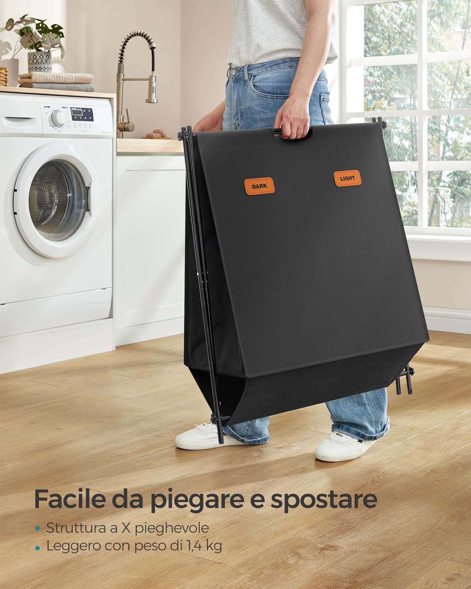 Cesto portabiancheria pieghevole, 2 scomparti, grande, con manici per il trasporto, cesto portabiancheria in rete per lavanderia, bagno, dormitorio, grigio