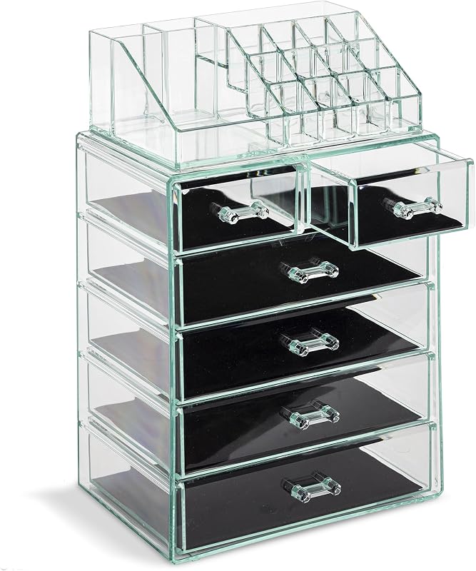 Organizador de maquiagem Sorbus em acrílico com 6 gavetas e compartimento superior, conjunto com 2 peças, Teal Thrill