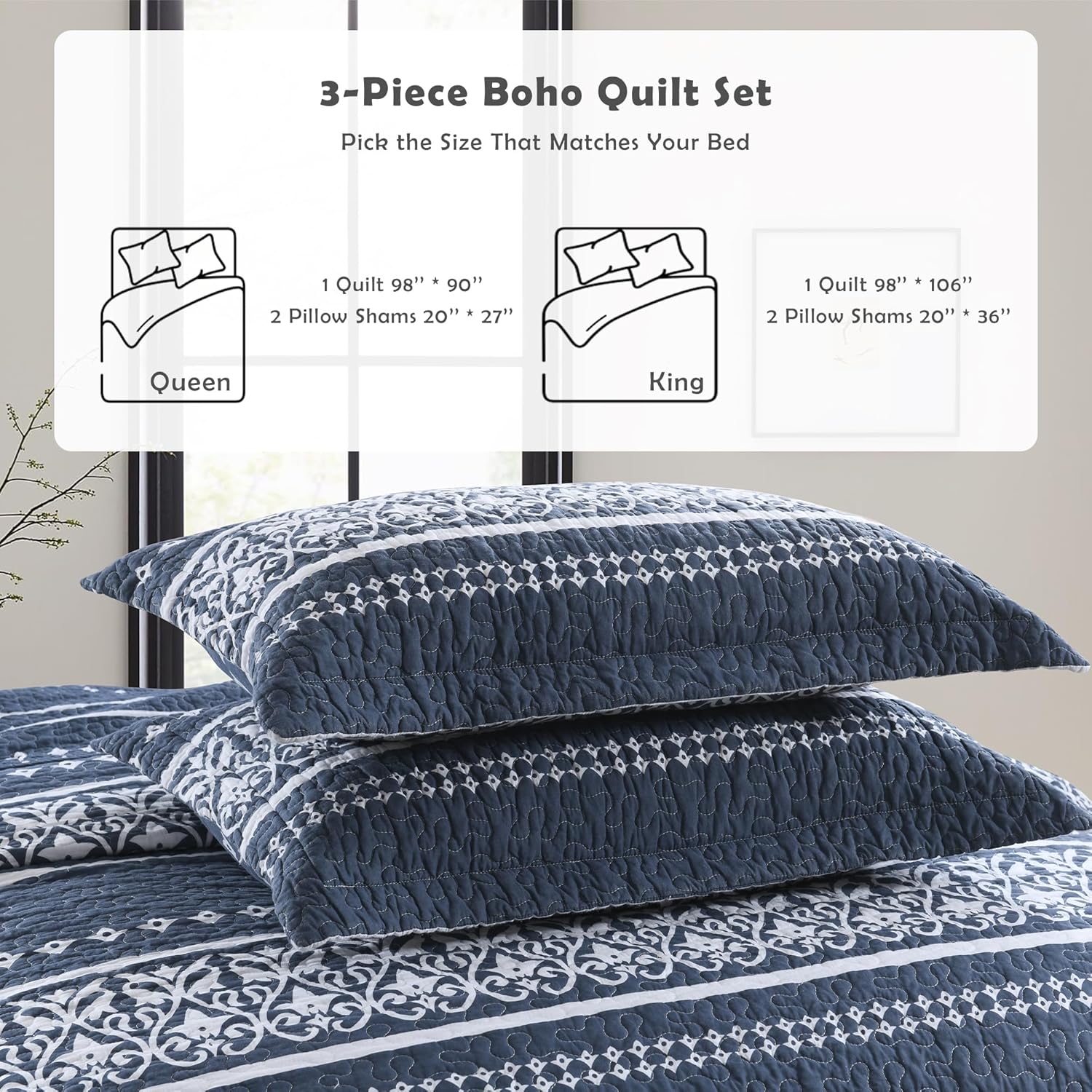 Boho Quilt Set - 100% Cotton Navy Blue Bohemian Bedspread King Size Striped Printed Lightweight Comforter Set - Quilted Coverlet - All Season - 3 Pieces | Breathable, Durable - Image 7
