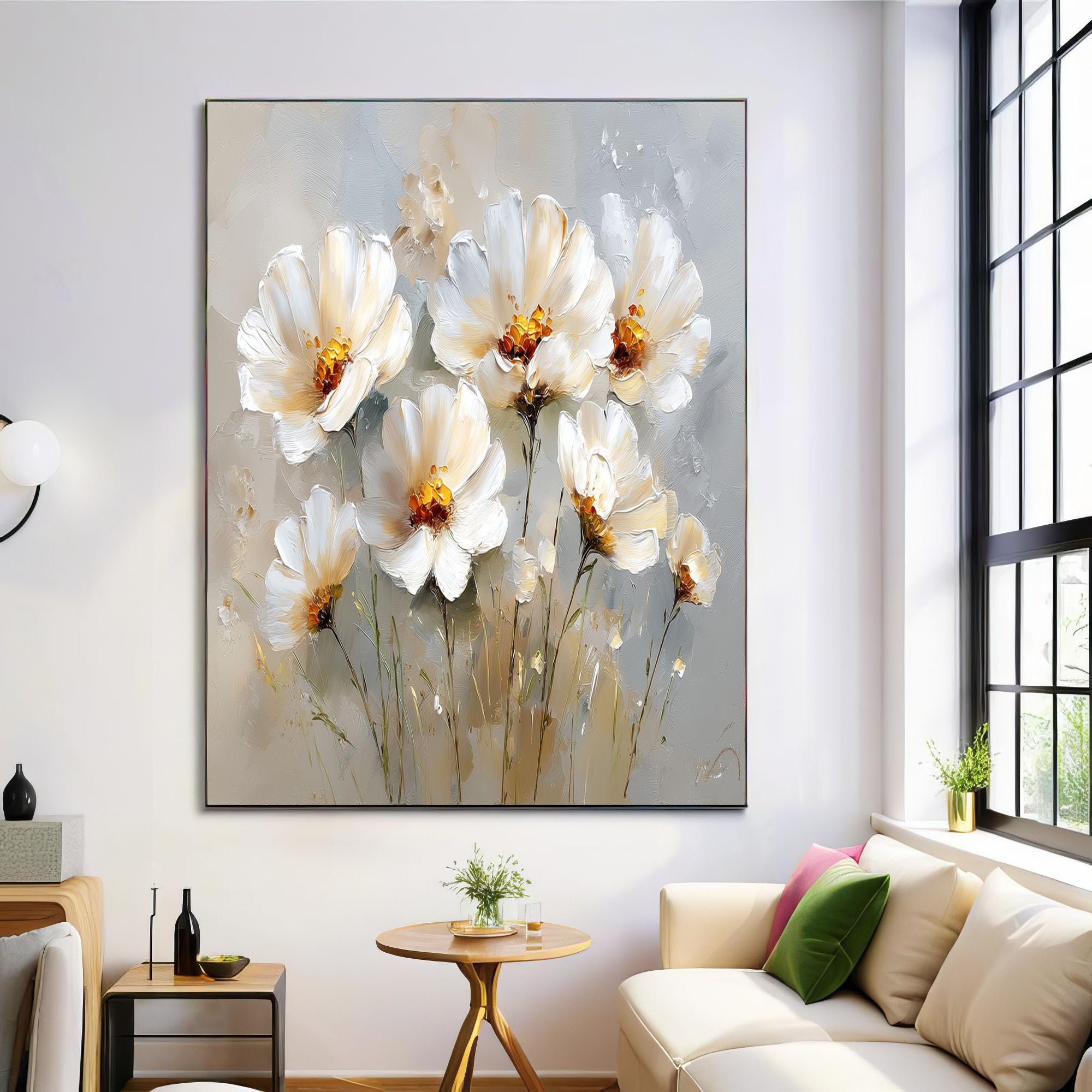 Lienzo blanquecino artístico de margaritas con acabado tipo óleo de 50x70cm 7