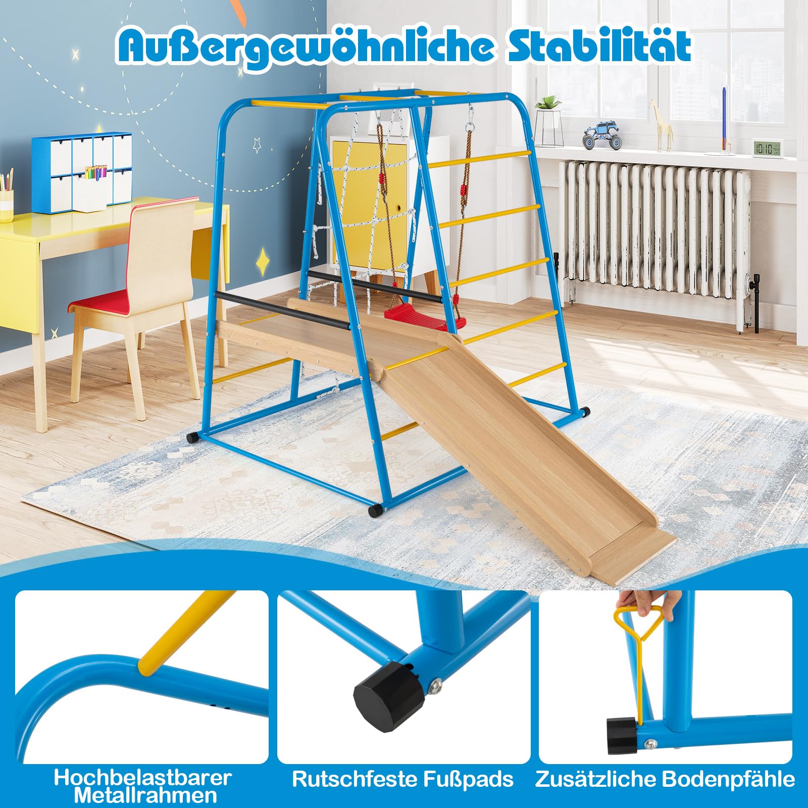 COSTWAY Rusztowanie wspinaczkowe do wnętrz, huśtawka 6 w 1, zjeżdżalnia, drążek do wspinaczki, drabina wspinaczkowa i ścianka linowa, metalowy plac zabaw dla dzieci, dla dzieci od 3 lat