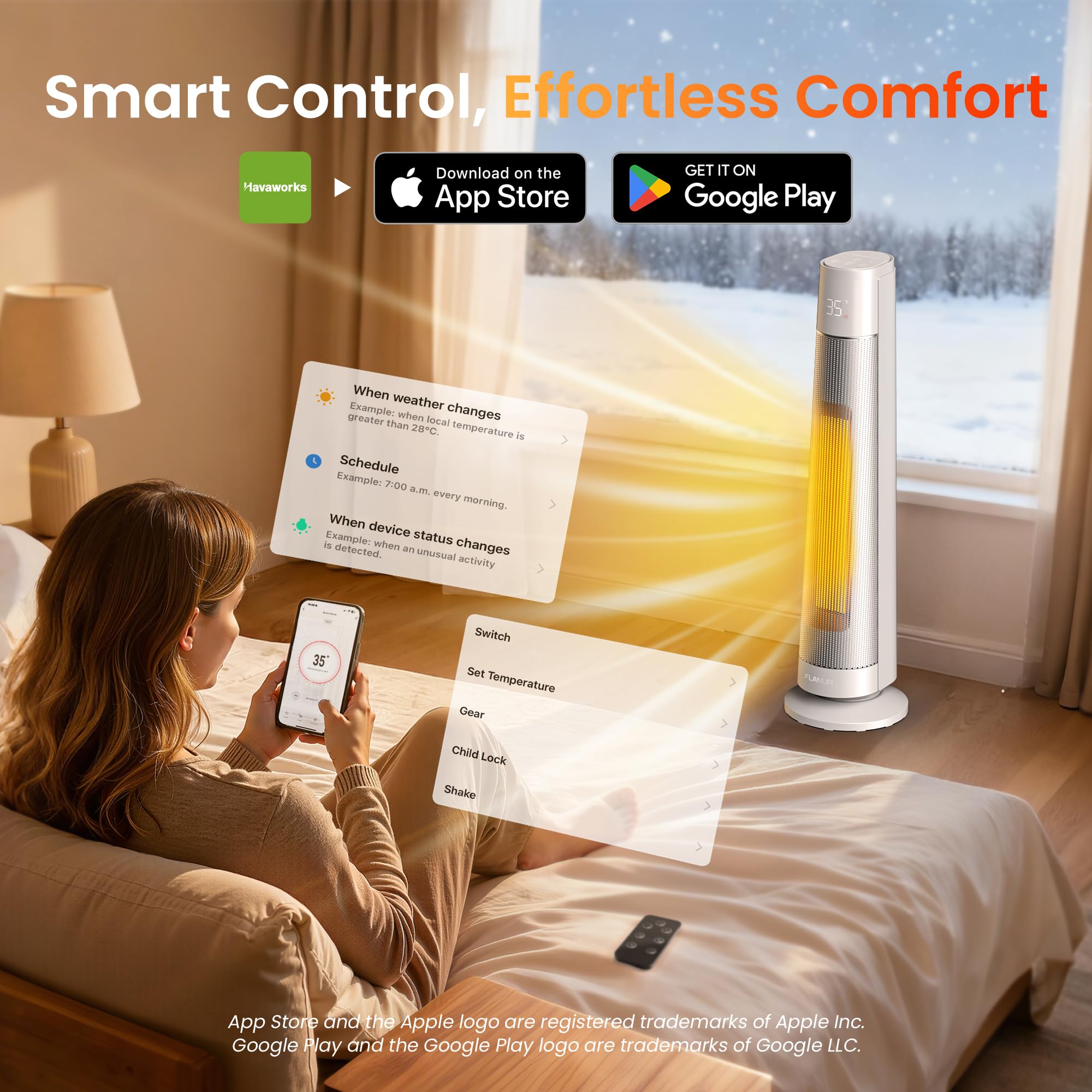 FLANUR Termoventilatore a risparmio energetico, 2000 W, in ceramica PTC, silenzioso, riscaldamento elettrico con termostato e telecomando, modalità ECO, oscillazione 70°, timer 12 ore, protezione