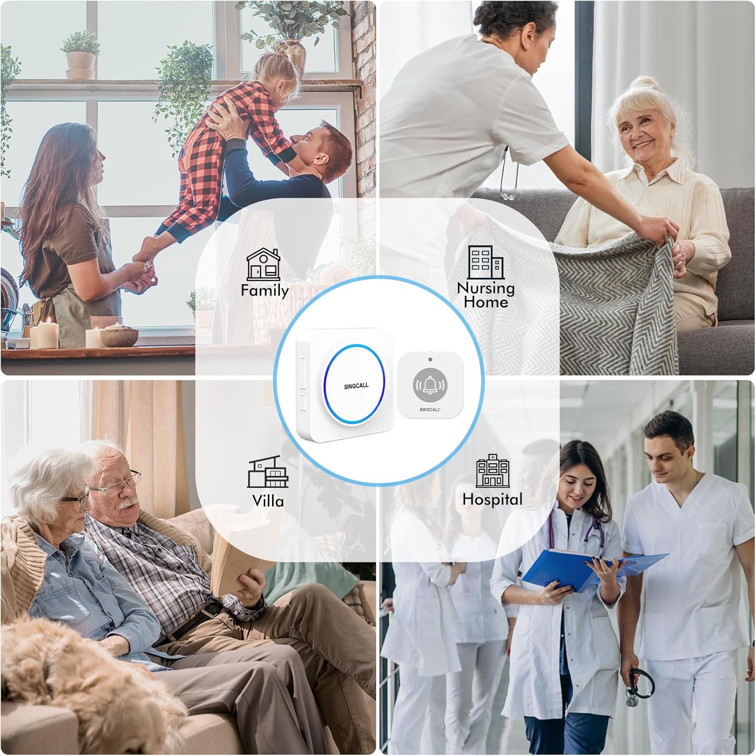 SINGCALL Wireless Portable Caregiver Pager Panic Alarm System Personal Alarm for Elderly/Kids/Pregnant/Patients 32 Chimes & 0-100dB Volume 1 Rechargeable Portable Receiver+ 2 Emergency Call Buttons